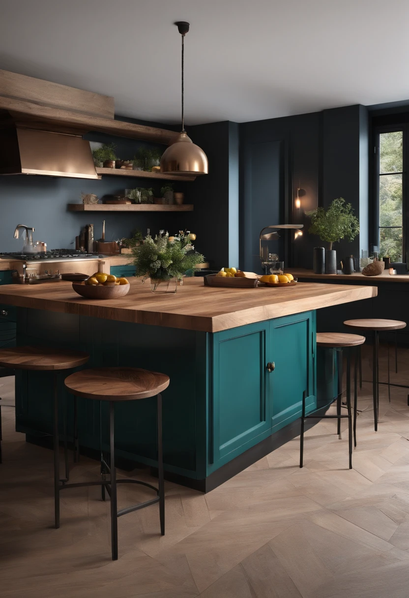 Design a set of wooden worktops combined with iron legs