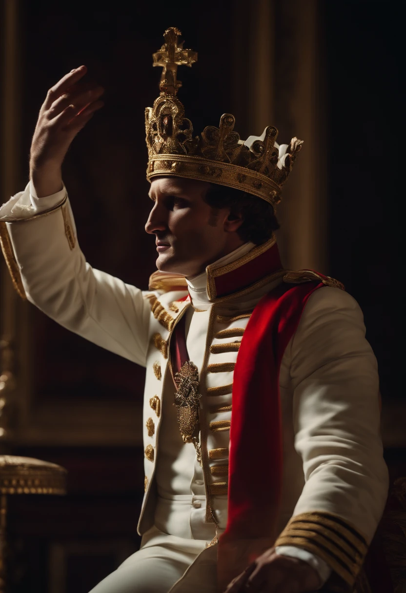 Create an image depicting Napoleon Bonaparte dramatically ripping the crown from the pope's hands and crowning himself during a major debate, cinemactic