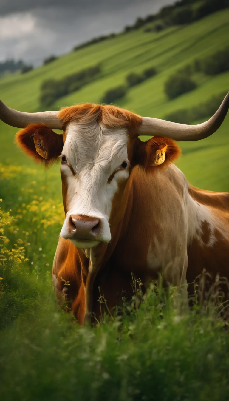 Cows in the zodiac,Horns patterned,He has the aura of the Holy Spirit on his body,Surrounded by a magical fog,On the green grass,Strong,standing tall,Myth,Fantasy,Very mysterious。Meadows in Wonderland,There are many fairy-tale palaces here