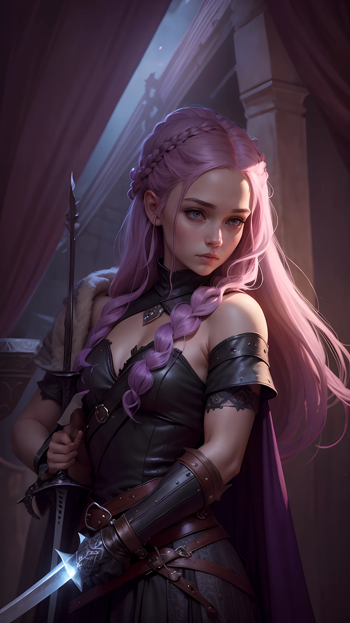 Game of Thrones style poster: A lilac-haired warrior holding a sword, She has her back to the viewer holding the sword, a mulher tem uma tatuagem de uma serpente nas costas e usa um vestido de couro preto