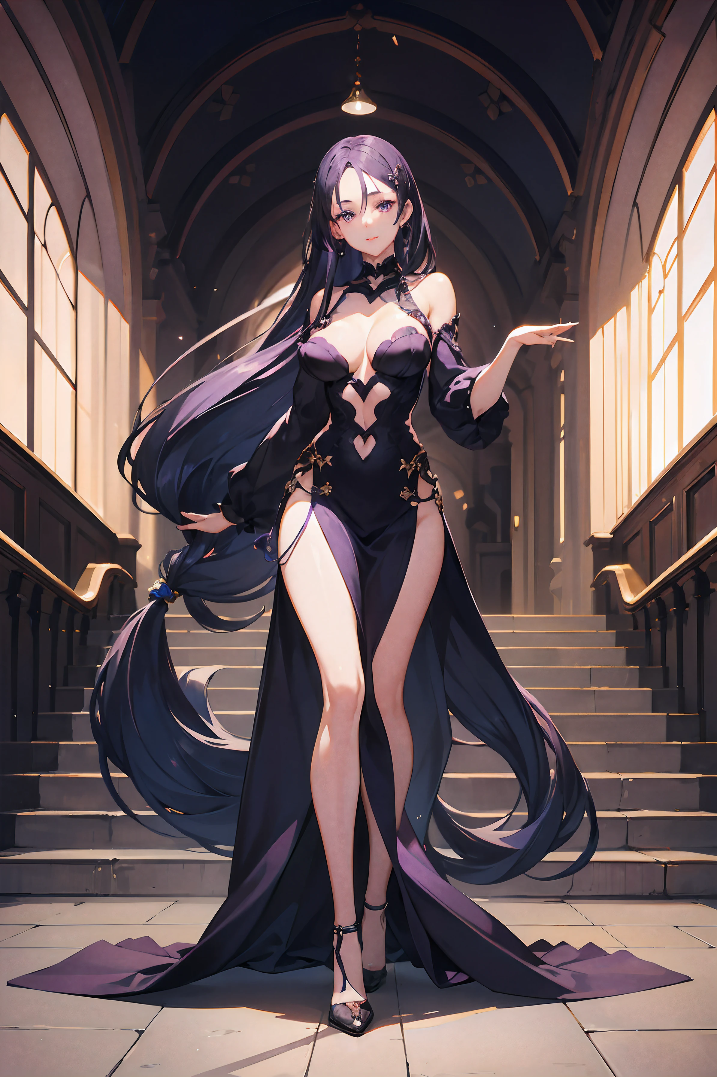 1Girl, light purple eyes, beautiful eyes, purple hair, straight hair, long hair, elegant stairs, deep V-neck, black elegant dress, sweet smile, perfect beautiful face, high heels, full body, thin waist, back view to spectator, looking over the back to the viewer,