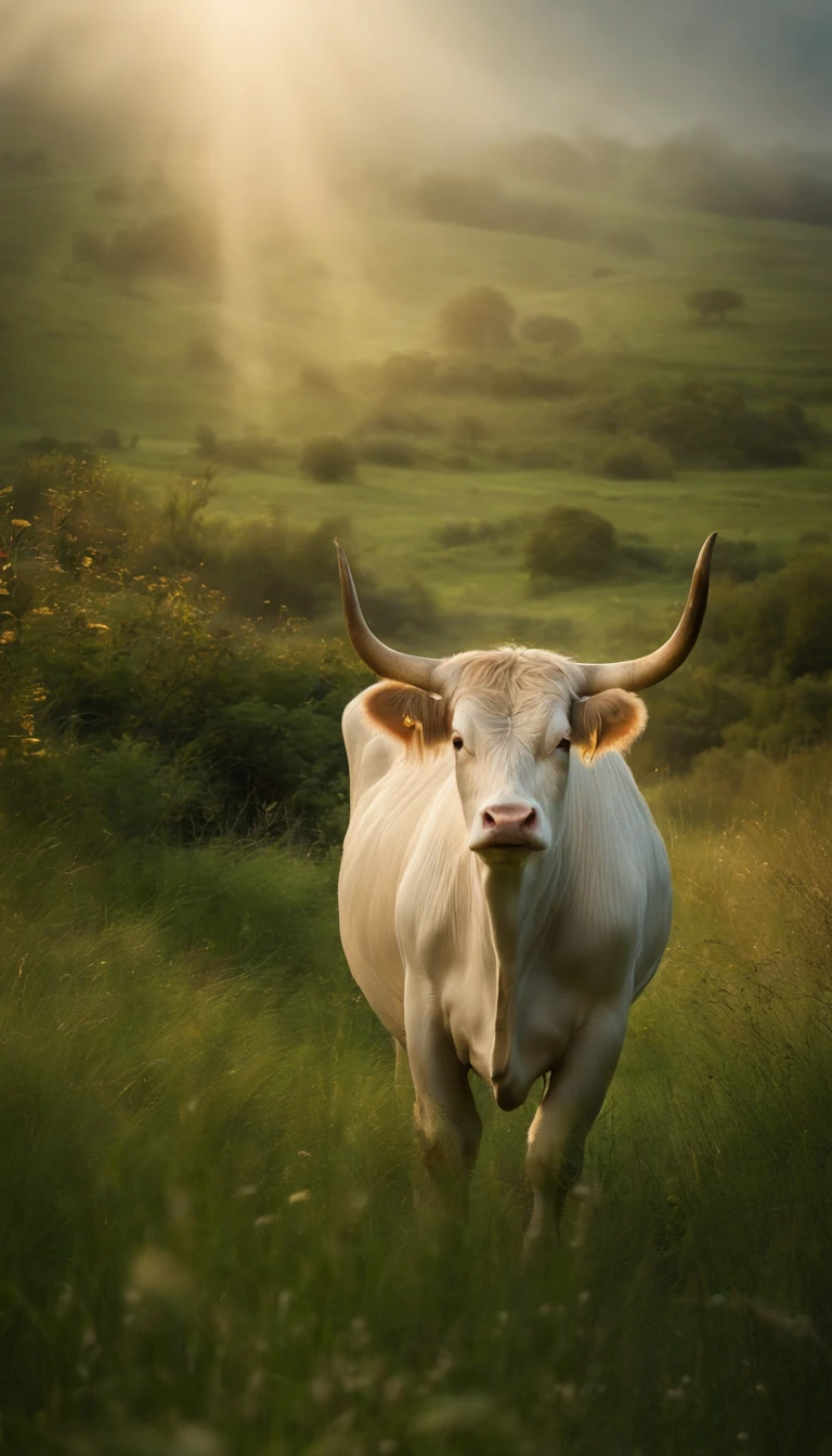 Cows in the zodiac，The horns are thick，Pure brown hair。He has the aura of the Holy Spirit on his body，Surrounded by a magical fog，On the green grass，Strong，standing tall，Myth，Fantasy，Very mysterious。Meadows in Wonderland，There are many fairy-tale palaces here