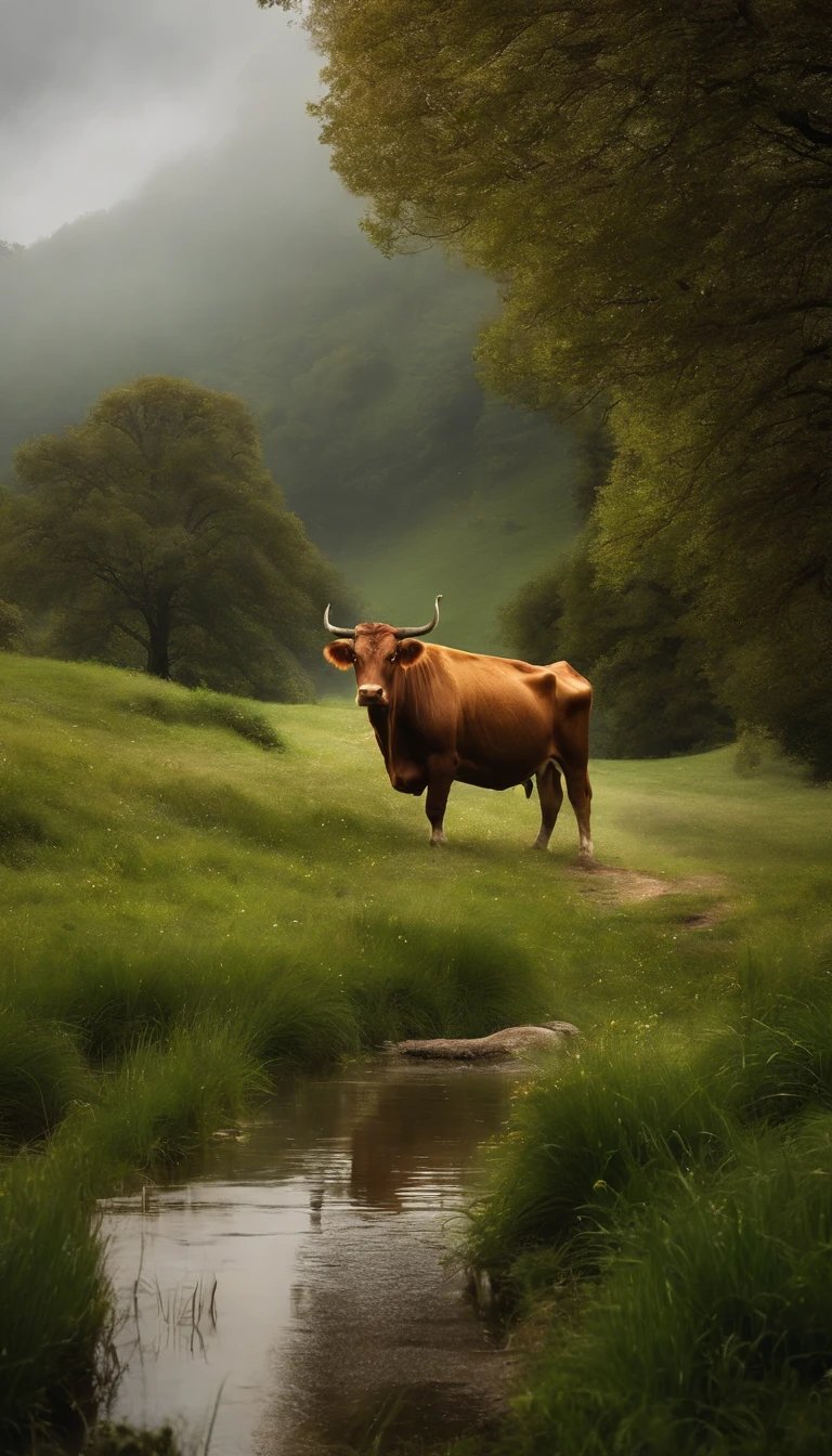 Cows in the zodiac,The horns are thick,Pure brown hair。He has the aura of the Holy Spirit on his body,Surrounded by a magical fog,On the green grass,Strong,standing tall,Myth,Fantasy,Very mysterious。Meadows in Wonderland,There are many fairy-tale palaces here