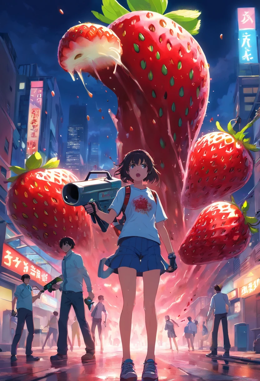 An Anime masterpiece mad Strawberry fruit Holding a Chainsaw, Horror, Blood, Blood sparks, psycho face, perfect body, HD, In a City fighting fruit zombies, cinematic, at night
