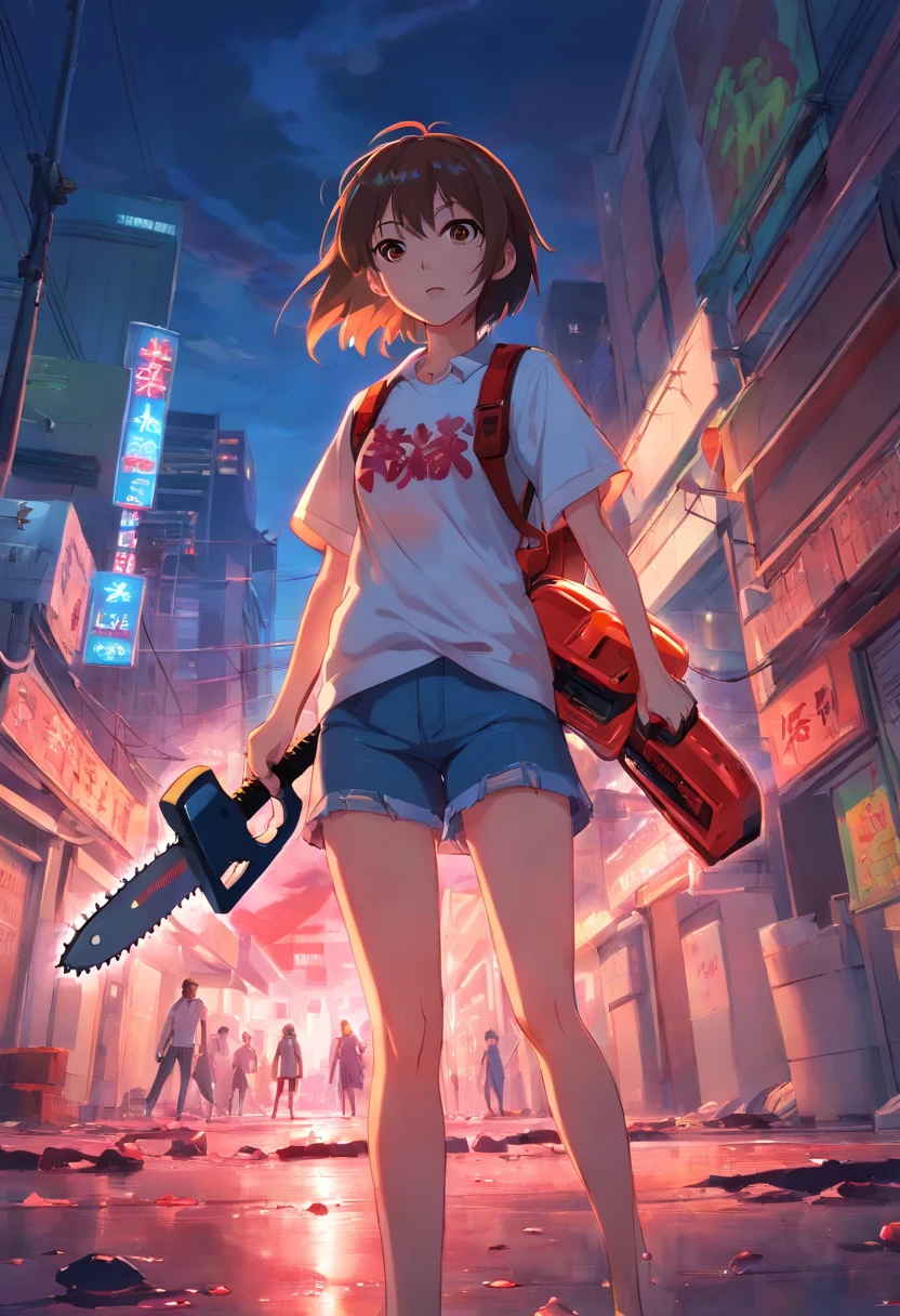 An Anime masterpiece mad Strawberry fruit Holding a Chainsaw, Horror, Blood, Blood sparks, psycho face, perfect body, HD, In a City fighting fruit zombies, cinematic, at night