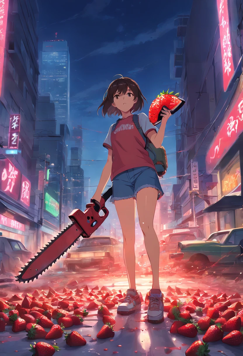 An Anime masterpiece mad Strawberry fruit Holding a Chainsaw, Horror, Blood, Blood sparks, psycho face, perfect body, HD, In a City fighting fruit zombies, cinematic, at night