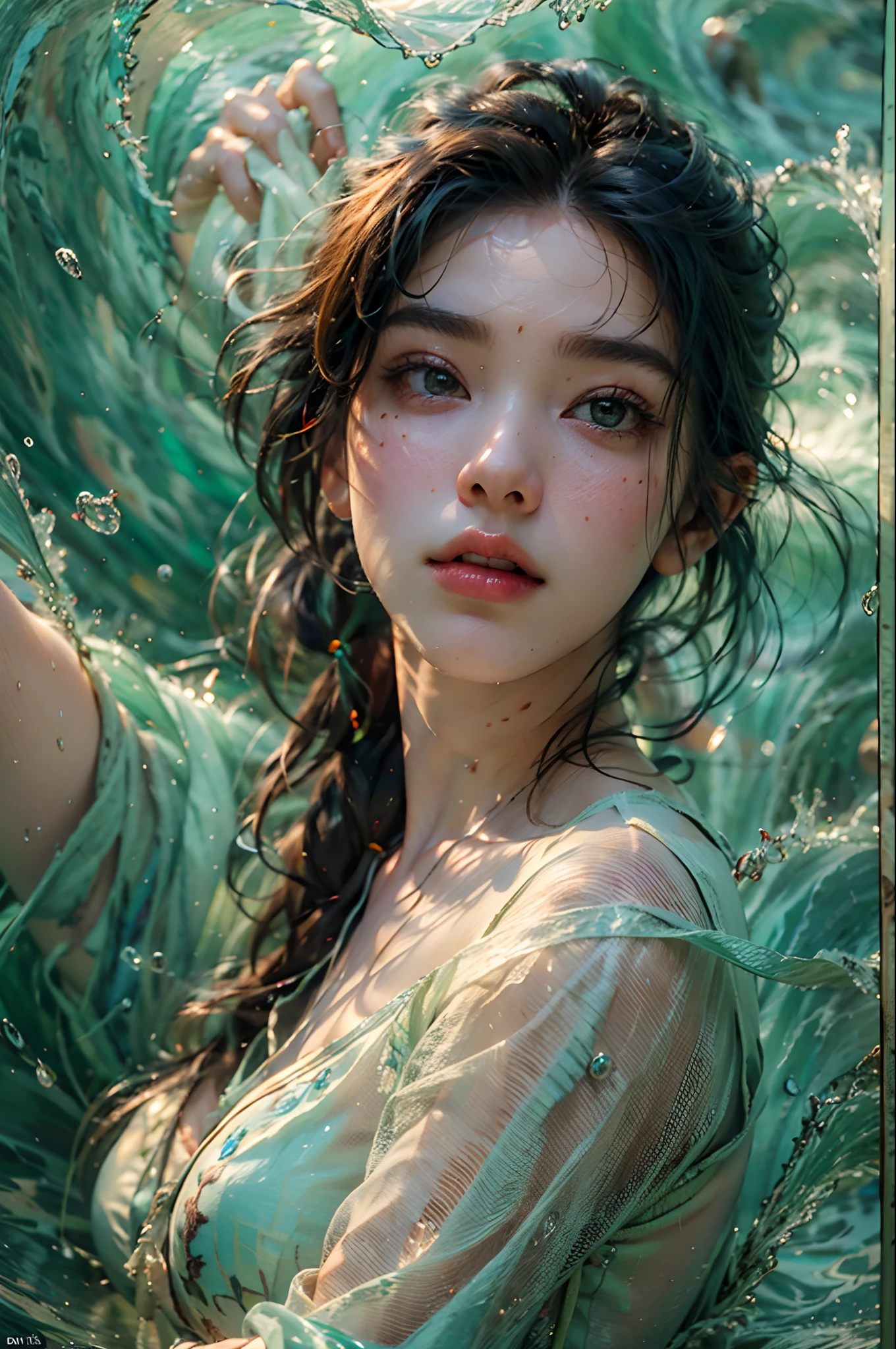 (best quality,masterpiece:1.2),ultra-detailed,(realistic,photorealistic,photo-realistic:1.37),highres,ultra high res,(vivid colors:1.1),(professional:1.1),(HDR:1.1),(UHD:1.1),(studio lighting:1.1),(physically-based rendering:1.1),(extreme detail description:1.1),(bokeh:1.1),1 beautiful woman,(portraits:1.1),solo,black hair,water,green waves,(beautiful detailed lips:1.1),full body, perfect body,