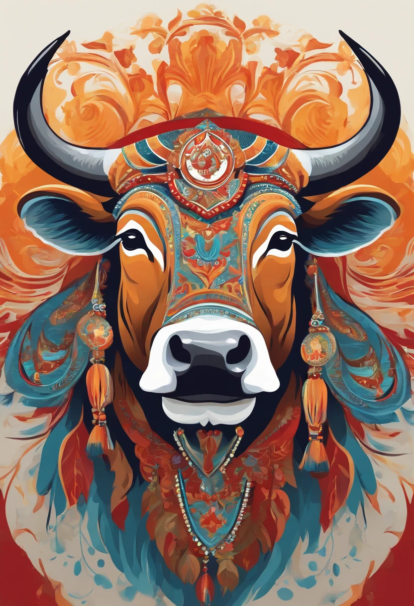 Bull Spirit, Painting in the national style, National Tide, whitebackground