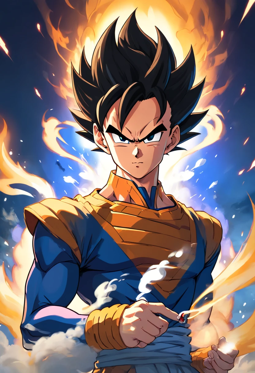 VEGETA vestindo um terno preto, smoking a cigarette while sitting in a chair that highlights your power and influence, macho, Dragon ball, detailed facial features, olhar intenso, aura of arrogance, muscular physique, alfaiataria afiada, Penteado elegante, postura confiante, dark and dramatic lighting, cores vibrantes, High-resolution rendering, Estilo fotorrealista, smoke swirling around, Dragon ball logo in background