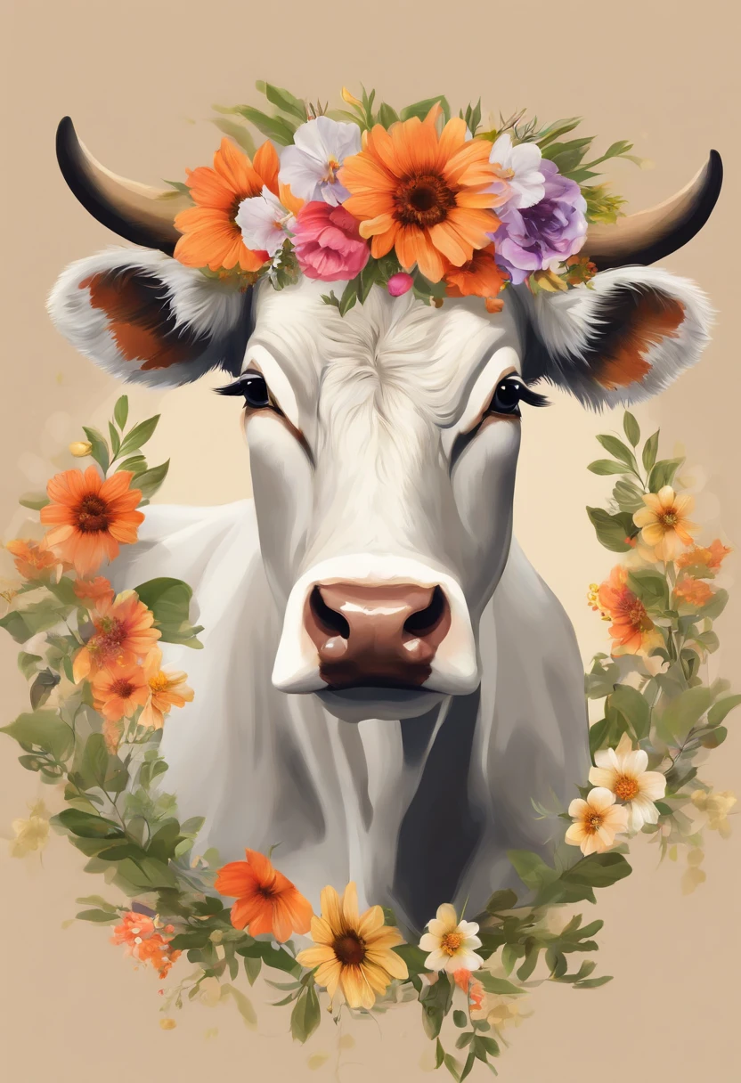 There is a picture of a cow with a flower crown on its head, bull, flower child, Made of wildflowers, , Corolla, cow, Portrait of an animal, Flower head, floral headdress,,high quality digital painting