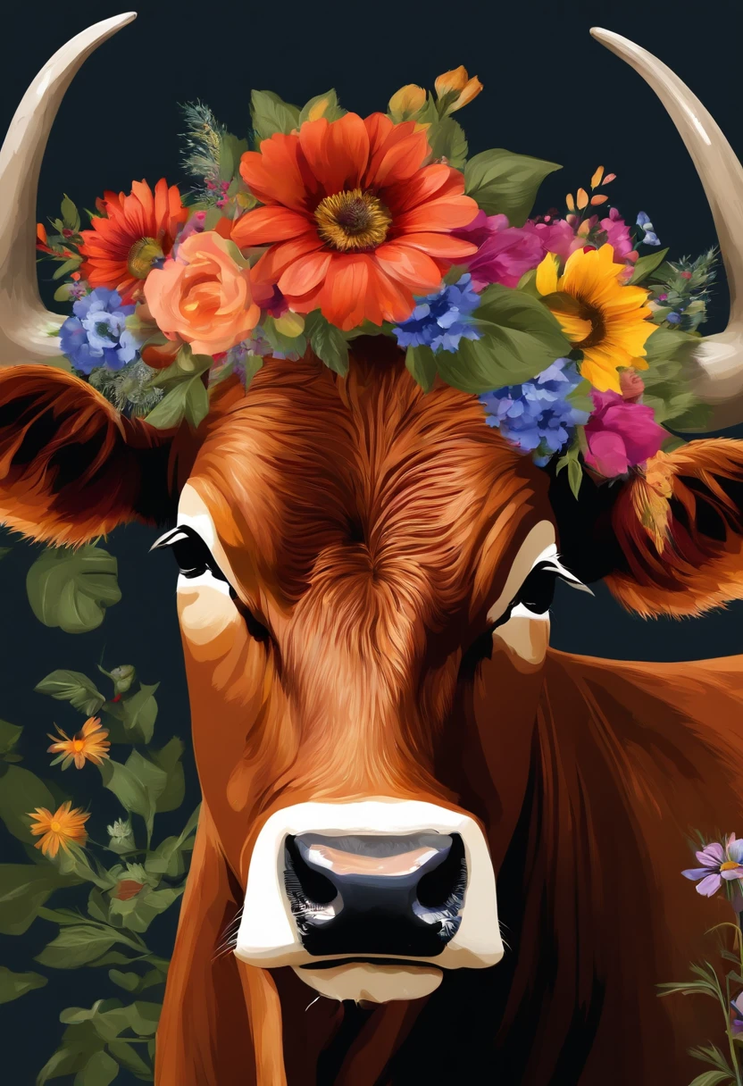 There is a picture of a cow with a flower crown on its head, bull, flower child, Made of wildflowers, , Corolla, cow, Portrait of an animal, Flower head,  floral headdress,，high quality digital painting