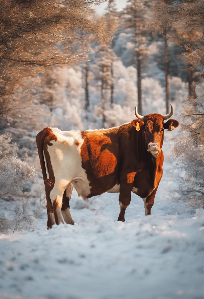 (Stunning shot),Lonely cow, Detailed fur, Majestic horns, A peaceful look, Breathtaking scenery, bright colours, natural lighting, hight resolution, Captured moment, Стиль National Geographic, Silhouette of a cow, golden hour, serene atmosphere, picturesque scenery