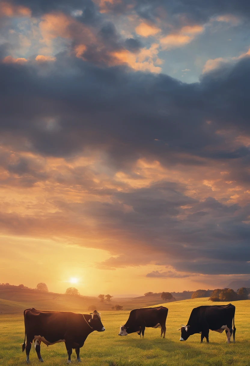 (Stunning shot),Lonely cow, Detailed fur, Majestic horns, A peaceful look, Breathtaking scenery, bright colours, natural lighting, hight resolution, Captured moment, Стиль National Geographic, Silhouette of a cow, golden hour, serene atmosphere, picturesque scenery