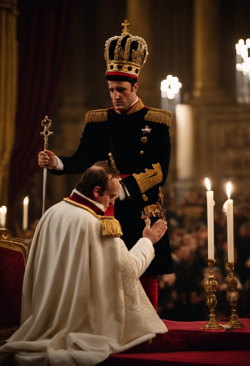 Create an image showing Napoleon Bonaparte dramatically nailing the crown from the pope's hands and crowning himself during a major debate, cinemactic