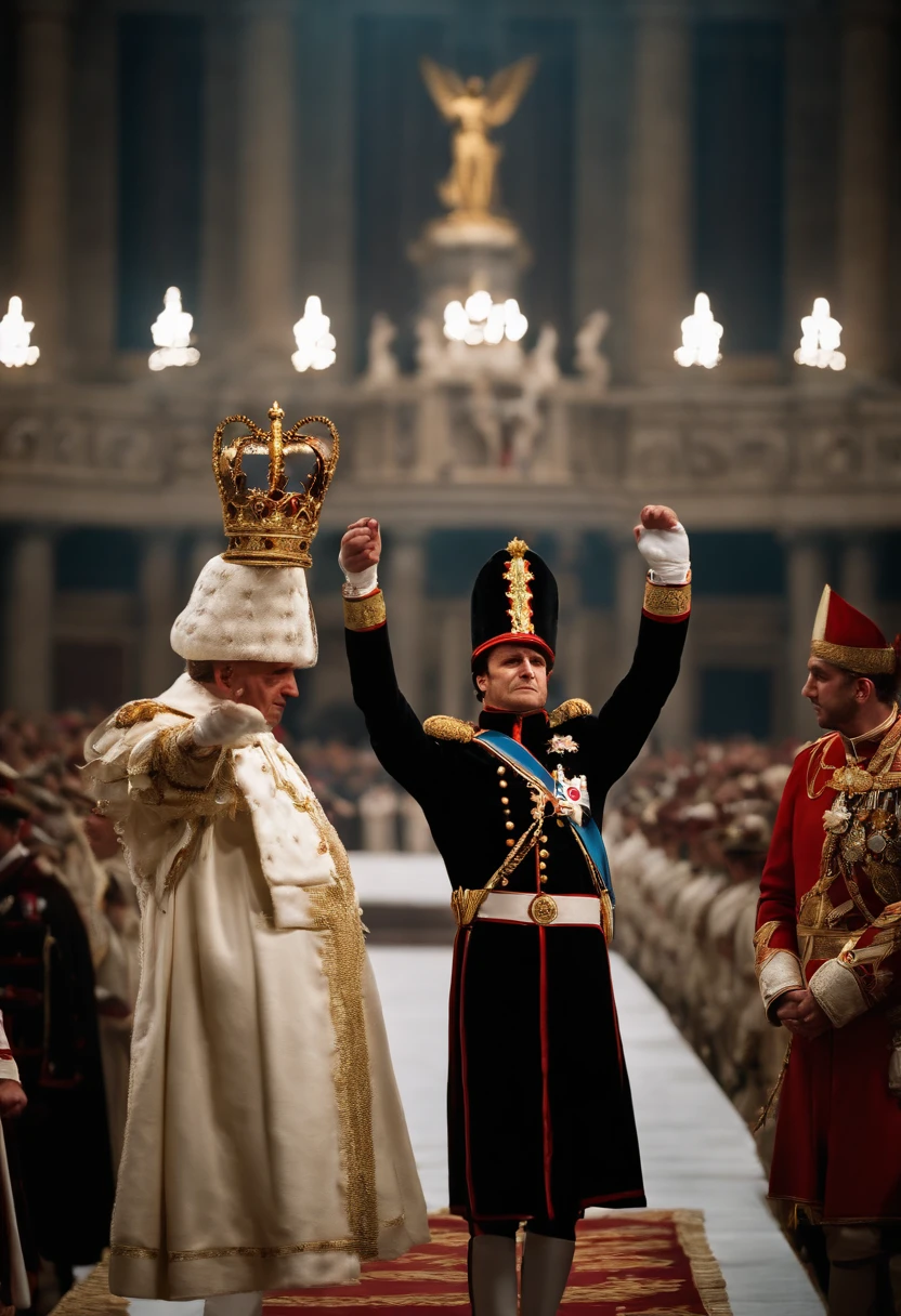 Create an image showing Napoleon Bonaparte dramatically nailing the crown from the pope's hands and crowning himself during a major debate, cinemactic