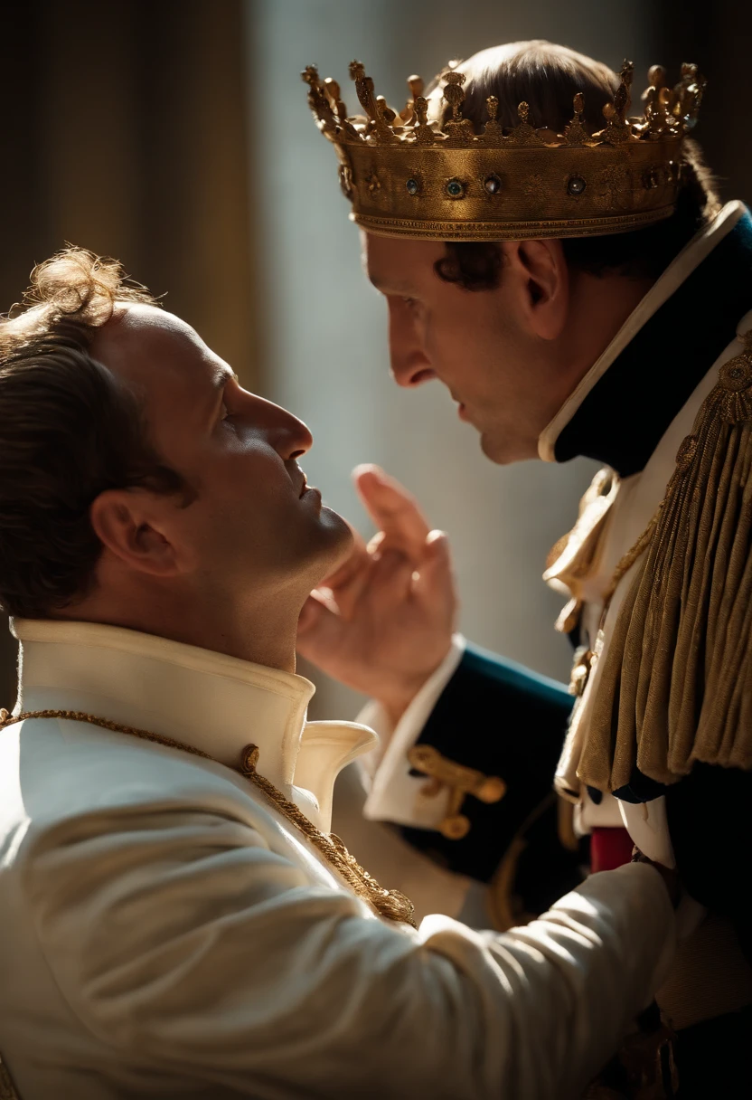 Create an image showing Napoleon Bonaparte dramatically nailing the crown from the pope's hands and crowning himself during a major debate, cinemactic