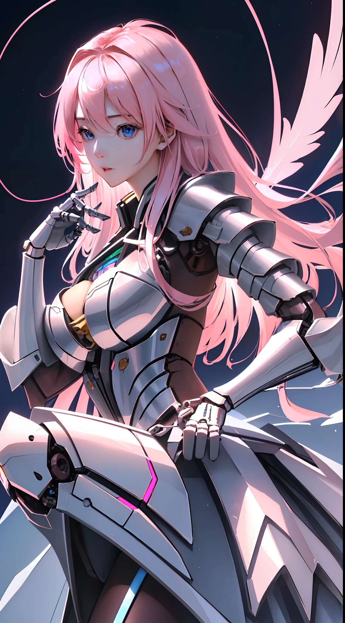 ((masutepiece)), ((top-quality), high quarity、ultra-definition, Realistic, (Ultra-fine face)、fulcolor 、(scientific fiction)、One Beautiful Robot Angel Woman、(Mechanical joints)、Parts of the machine、Thick wire joints、(White porcelain mechanical armor)、(Curvaceous face)、deadpan、Slim body、large metal machine wing、pink straight hair、((Electronic substrate))、Take an upper body shot、Get on your knees