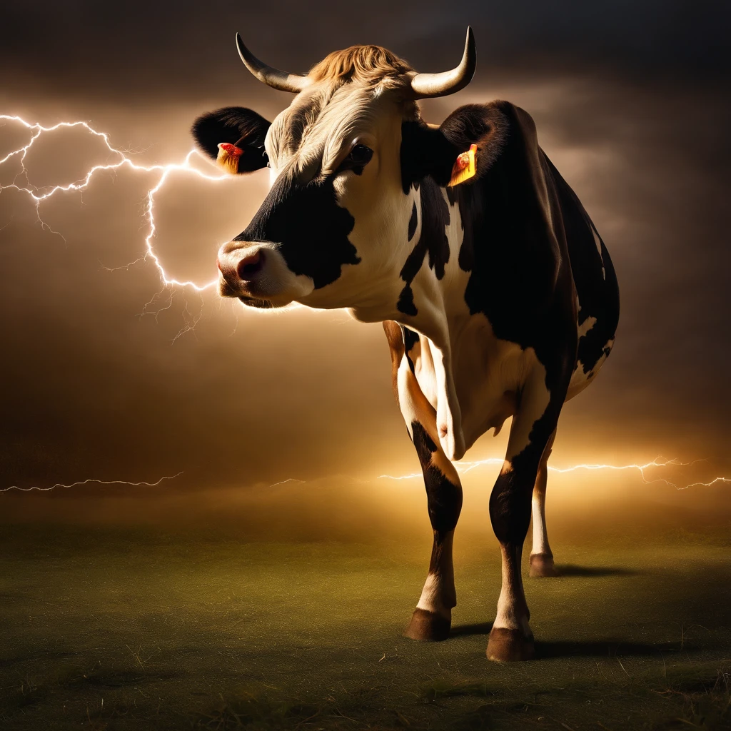 Ultra-realistic photo of a one-legged cow, shrouded in lightning, roaring into the sky,Detail of hair 8k 4k image,Get Image,Excellent ray tracing