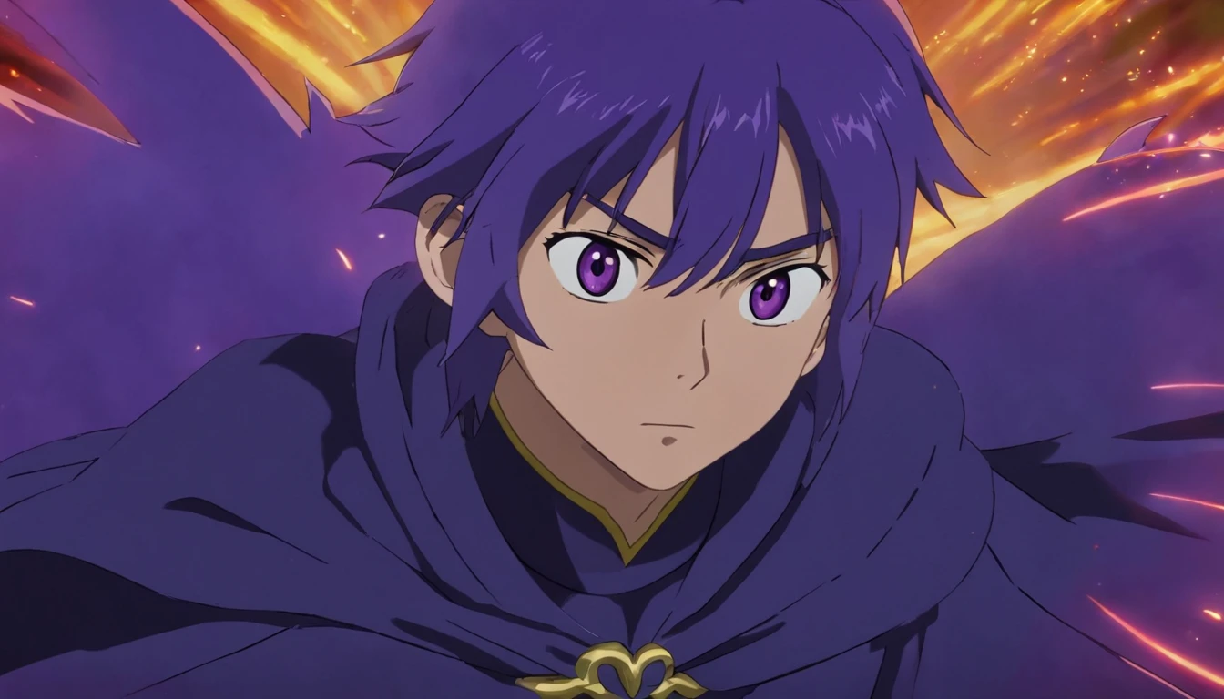 (melhor qualidade: 0.8), (melhor qualidade: 0.8), Perfect anime illustration, Extreme close-up portrait Drakar has a dark and enigmatic appearance, reflecting his connection to darkness and his quest to break the curse that afflicts him. Corpo: He has an athletic constitution. No entanto, Her skin has acquired a pale, translucent hue due to its connection to the shadows. Roupas: Drakar wears a costume that blends elements of hunting and shadow magic. His attire includes a long black cape that flows behind him, creating a sense of constant movement even when stationary. Ele usa luvas escuras e botas de couro que lhe permitem se mover silenciosamente. Olhos: His eyes are the most striking feature. Eles brilham intensamente em um tom de roxo profundo, emitindo uma aura sombria. Quando ele usa suas habilidades sombrias, os olhos brilham ainda mais intensamente. Cabelo: Drakar has dark, unkempt hair that falls down to his shoulders. The hair also has a subtle glow of purple color, which intensifies when he is in dangerous situations. Marks of the Curse: Marcas sombrias serpenteiam por todo o corpo de Drakar, Revealing His Curse. Elas podem se iluminar quando ele usa seus poderes sombrios.