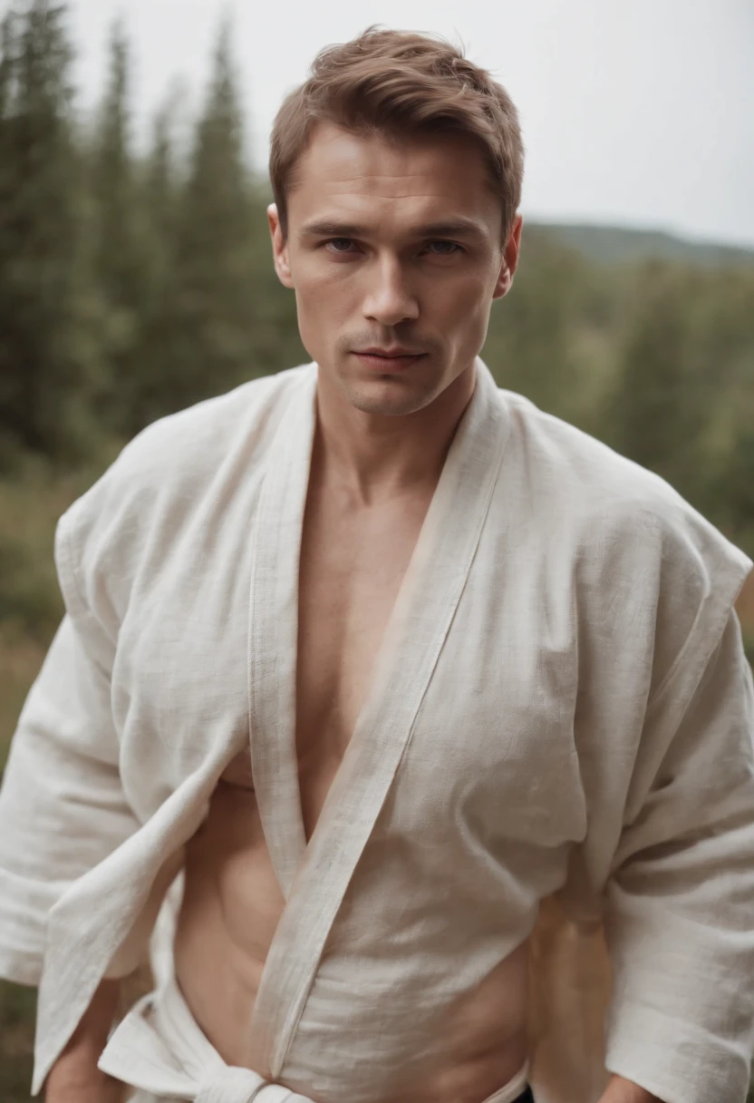 A handsome russian man, matured, toned body, (only wearing fundoshi), solo, absurd quality+details+texture+perfection