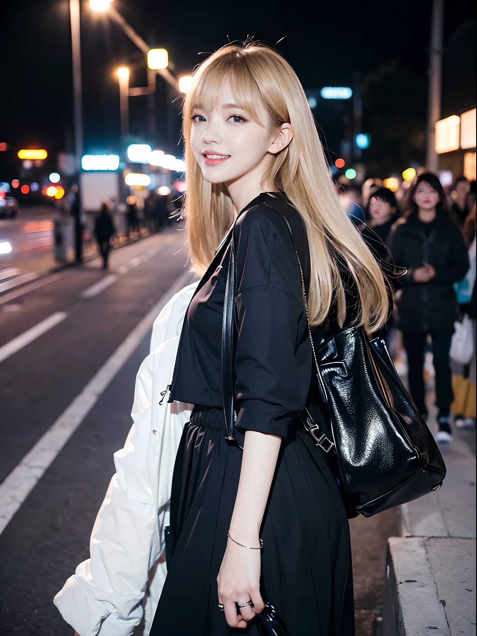((4K works))、masterpiece、(top-quality)、1 beutiful girl、Slim body、((Attractive clothes in black and white))、(Detailed beautiful eyes)、Walking together on the road at night、((Face similar to Carly Rae Jepsen))、((Boyish blonde long hair))、((Smaller face))、((Neutral face))、((Bright blue eyes))、((American adult women))、((Adult female 26 years old))、((cool lady))、((Like a celebrity))、((Smiling expression))、((Korean Makeup))、((elongated and sharp eyes))、((Girlfriend enjoying happy date))、((boyish))、((She is walking in front of the viewer))、((Shot from the top of the face))、((Shot diagonally from the side))