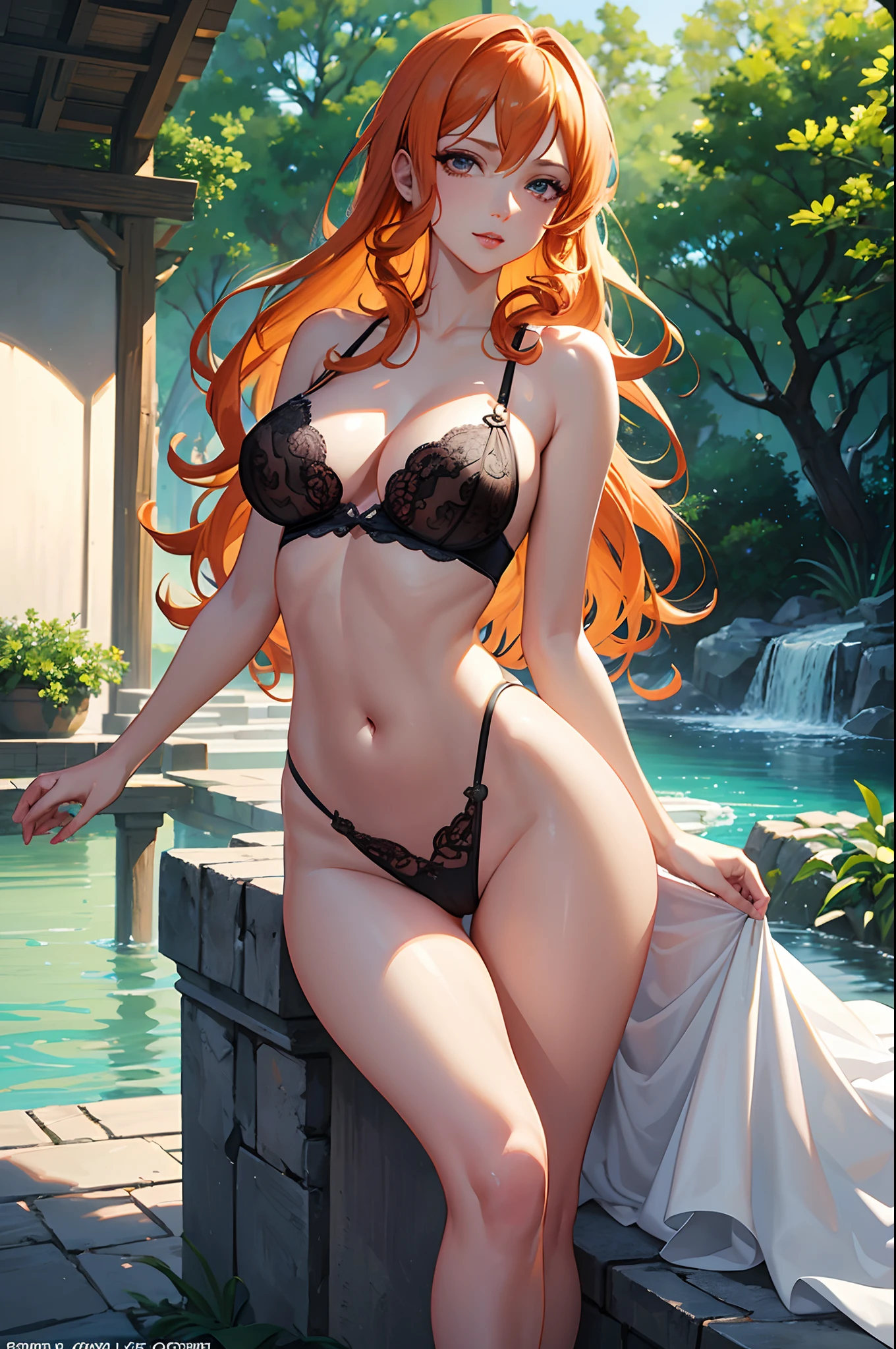 best quality,ultra-detailed,realistic:1.37,nami from one piece in lingerie,beautiful detailed eyes,beautiful detailed lips,extremely detailed eyes and face,longeyelashes,feminine,expressive eyes,curly orange hair,alluring smile,fit and toned body,sexy curves,smooth and flawless skin,lingerie with intricate lace details,translucent fabric, seductive pose,alluring and confident gaze,dynamic lighting,soft and warm color tones,sensual atmosphere,gorgeous background setting,lush garden with blooming flowers,soft sunlight shining through the leaves,perfectly captured essence of beauty and sensuality