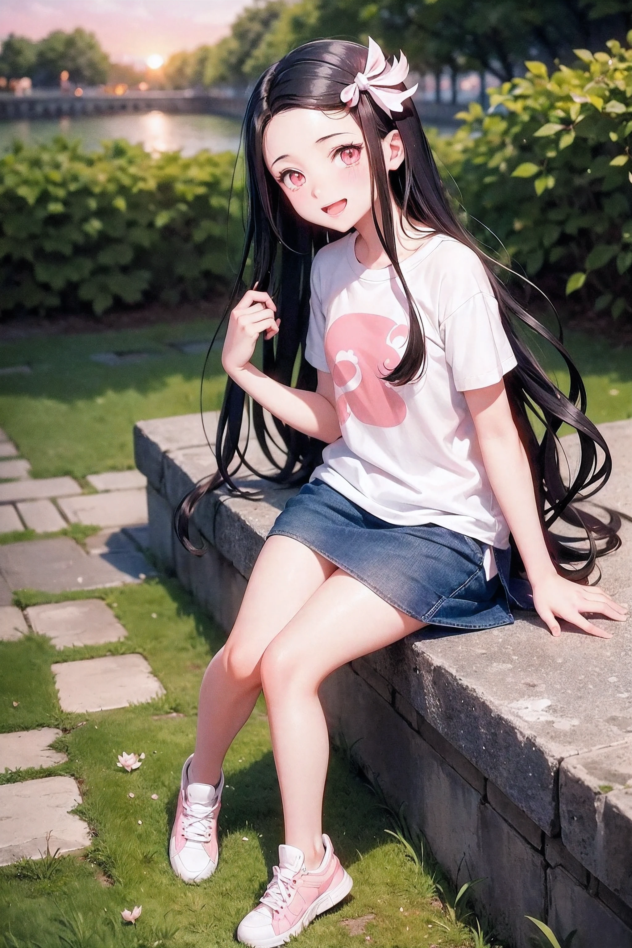 1 Anime Girl, Nezuko kamado, with Sideswept long jet black hairs, soft-looking, pale pink eyes, Plain white t-shirt, Denim Skirt, White sneakers, Full Body, Cheerful smile, full body, looking at Viewer,cherry blossom, Beautiful Sunset, Bridge,Grass, Small pond, masterpiece