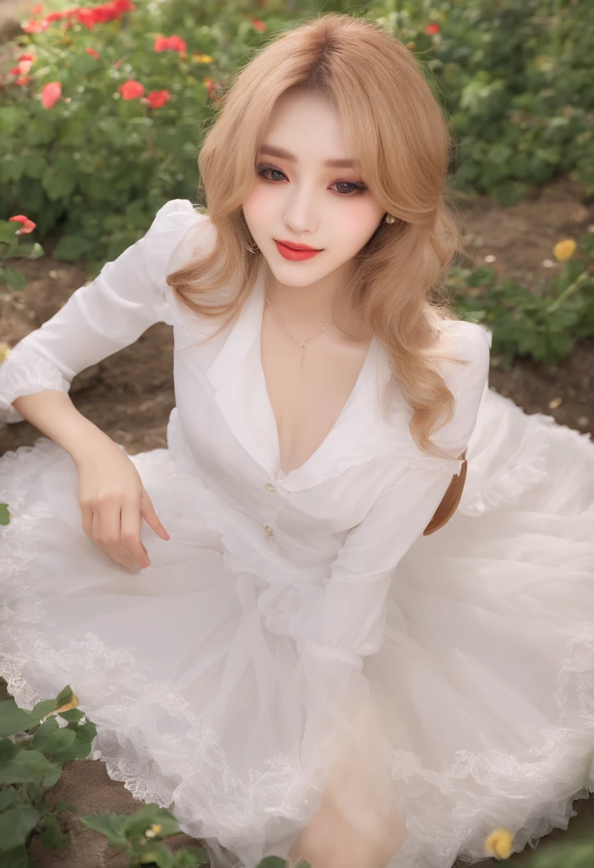 masterpiece, best quality,  absurdres, looking at viewer, solo, rita rossweisse (summer night's dream), rita rossweisse, shirt, pantyhose, red rose, red eyes, blonde hair, long sleeves, mole under eye, hair over one eye,  frilled shirt, white shirt,  seductive smile,  (ulzzang-6500:0.8), long hair, day, outdoors  black pantyhose
