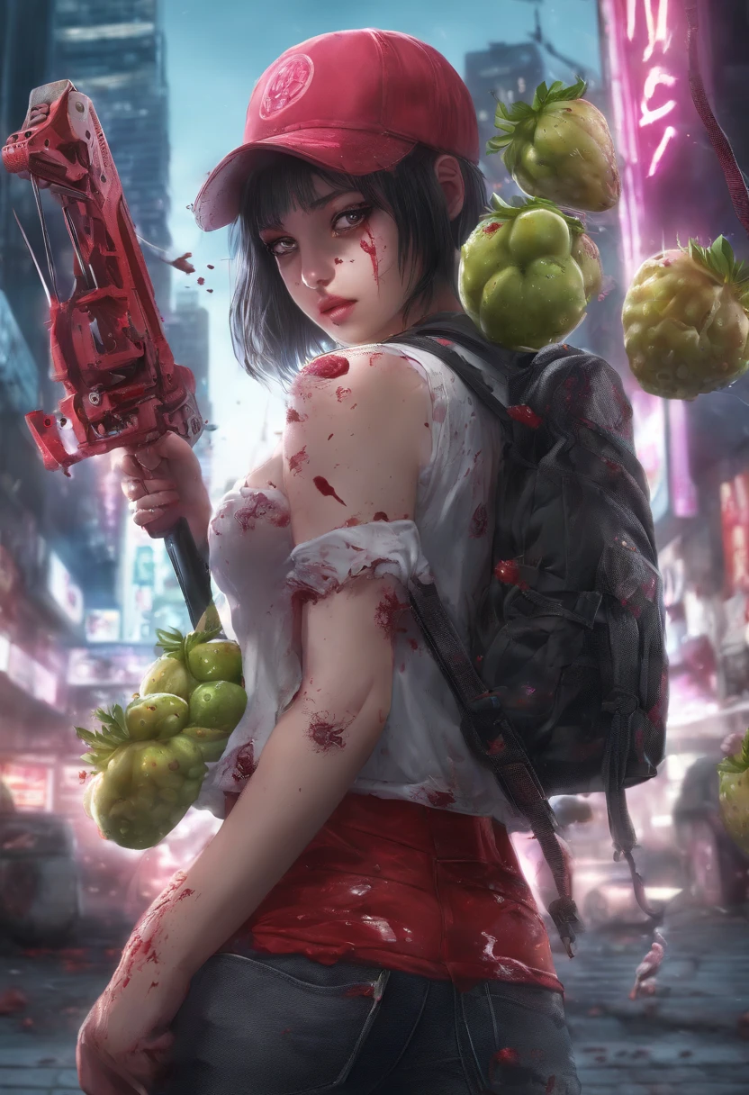 An Anime masterpiece mad Strawberry fruit Holding a Chainsaw, Horror, Blood, Blood sparks, psycho face, perfect body, HD, In a City fighting fruit zombies, cinematic, at night