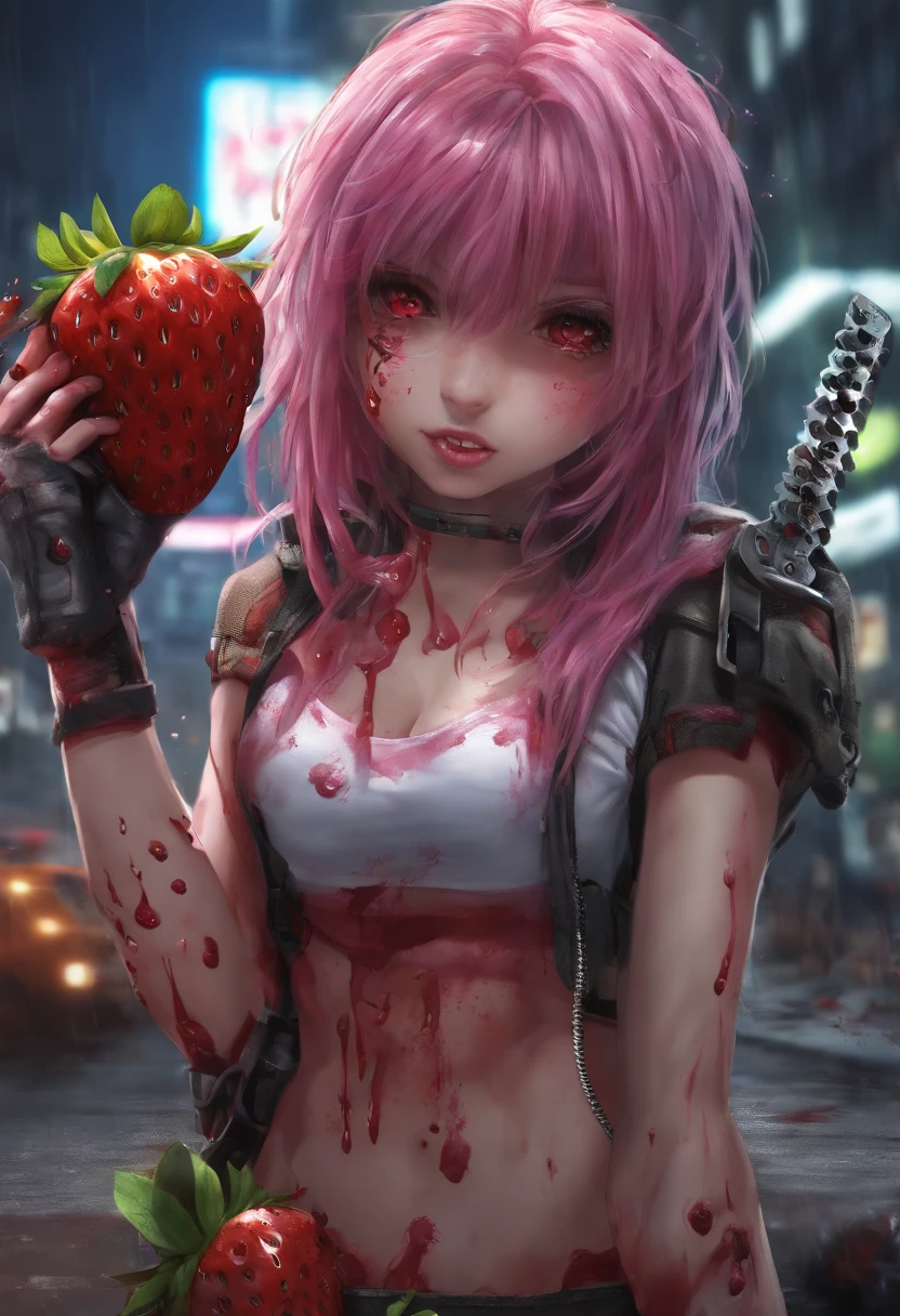 An Anime masterpiece mad Strawberry fruit Holding a Chainsaw, Horror, Blood, Blood sparks, psycho face, perfect body, HD, In a City fighting fruit zombies, cinematic, at night