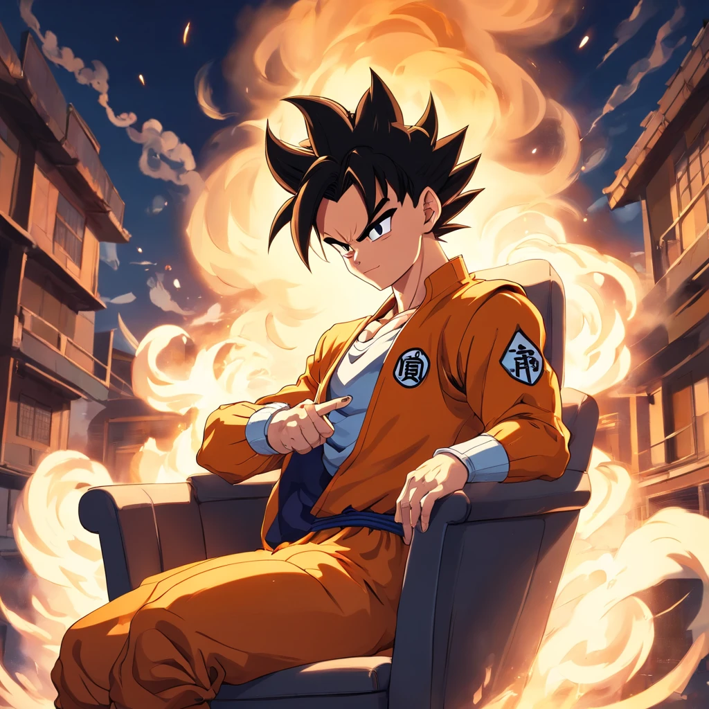 VEGETA vestindo um terno preto, smoking a cigarette while sitting in a chair that highlights your power and influence, macho, Dragon ball, detailed facial features, olhar intenso, aura of arrogance, muscular physique, alfaiataria afiada, Penteado elegante, postura confiante, dark and dramatic lighting, cores vibrantes, High-resolution rendering, Estilo fotorrealista, smoke swirling around, Dragon ball logo in background