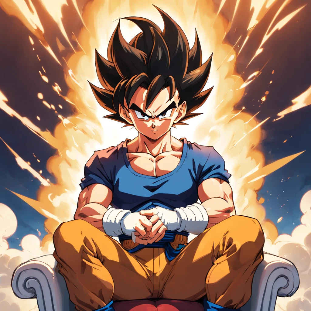 VEGETA vestindo um terno preto, smoking a cigarette while sitting in a chair that highlights your power and influence, macho, Dragon ball, detailed facial features, olhar intenso, aura of arrogance, muscular physique, alfaiataria afiada, Penteado elegante, postura confiante, dark and dramatic lighting, cores vibrantes, High-resolution rendering, Estilo fotorrealista, smoke swirling around, Dragon ball logo in background