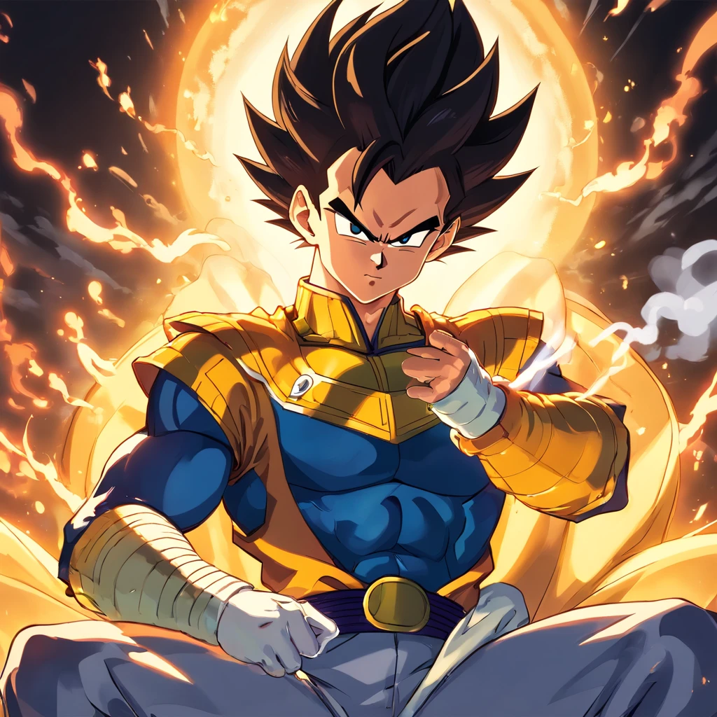 VEGETA vestindo um terno preto, smoking a cigarette while sitting in a chair that highlights your power and influence, macho, Dragon ball, detailed facial features, olhar intenso, aura of arrogance, muscular physique, alfaiataria afiada, Penteado elegante, postura confiante, dark and dramatic lighting, cores vibrantes, High-resolution rendering, Estilo fotorrealista, smoke swirling around, Dragon ball logo in background