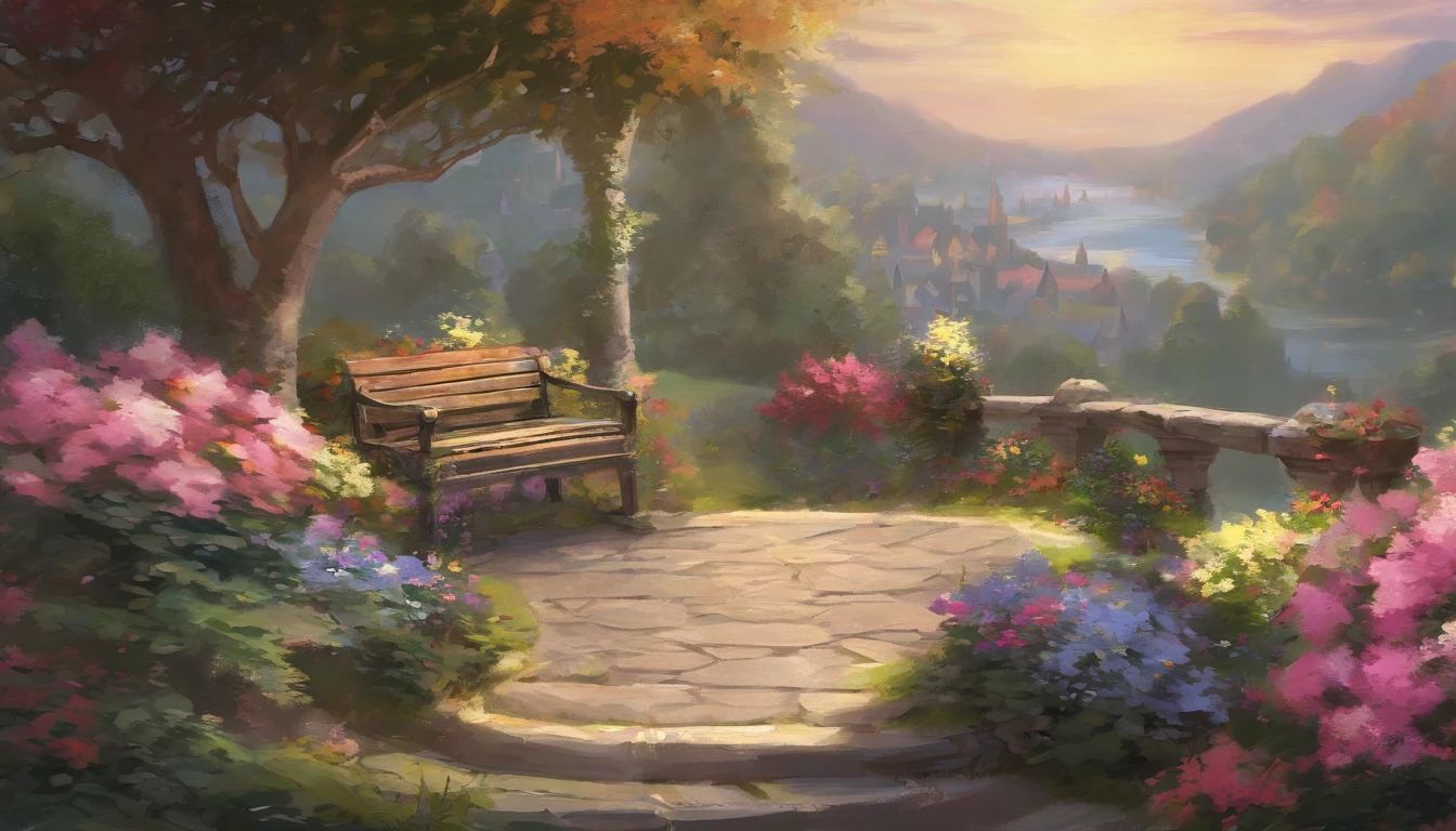 There are small stone chairs to rest in the garden, where all kinds of beautiful flowers have bloomed, along the winding sidewalks. Hyper realistic art work, painting by Thomas Kinkade.