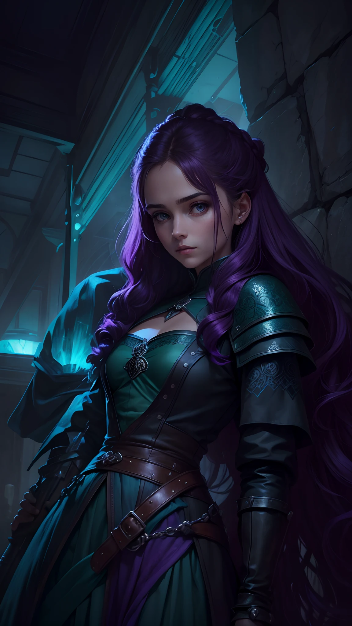 Pôster estilo Game of Thrones: um guerreiro de cabelos roxo/lilac holding a sword, She has her back to the viewer holding the sword, a mulher tem uma tatuagem de uma serpente nas costas e usa um vestido de couro preto, né go everywhere room full of crystals and water everything has a shade of green and blue