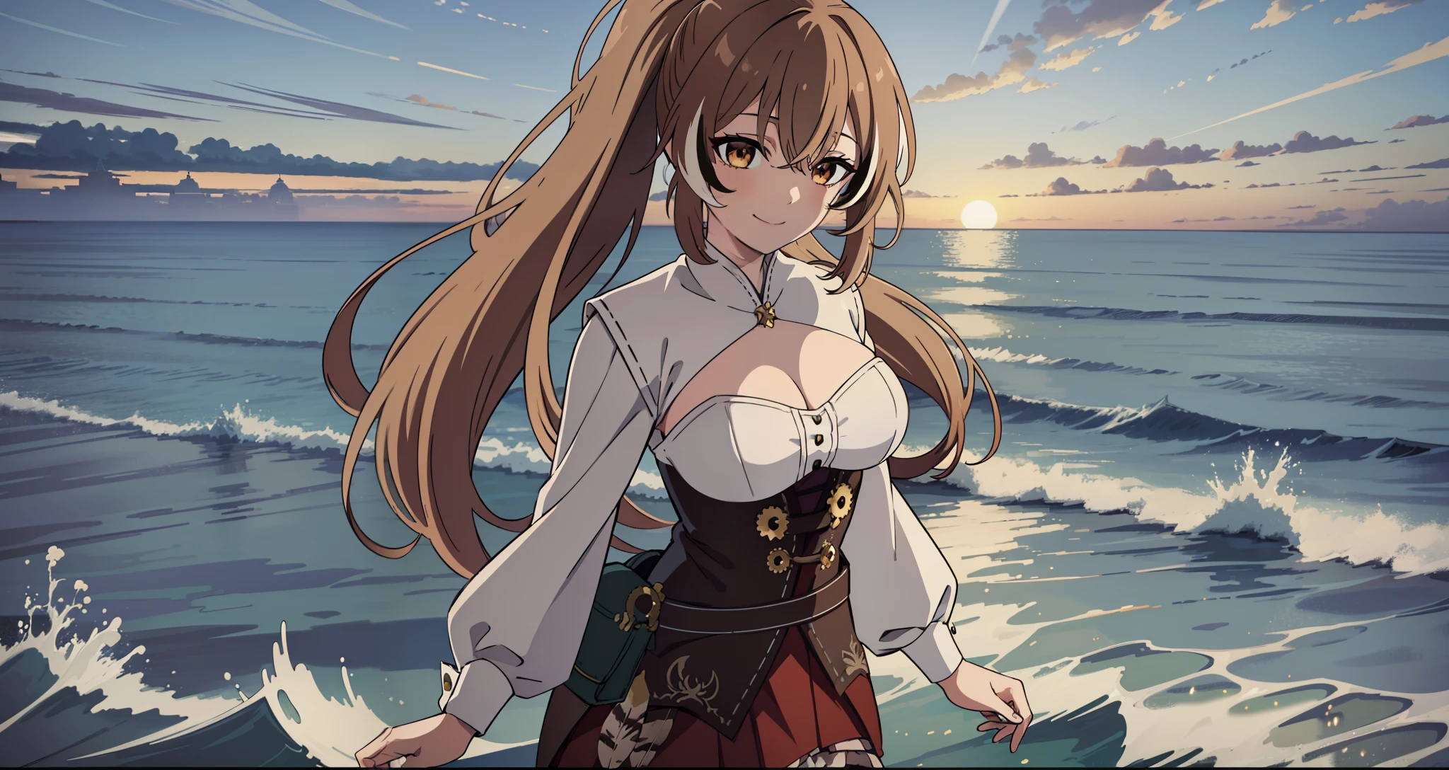 2D, HD, Detailed details, Detailed landscapes, beautiful lights, Beautiful Shadows, top-quality, Highly detailed, masterpiece, best quality, highres, aamumei, long hair, ponytail, ahoge, multicolored hair, feather hair ornament, hairclip, white shirt, brown corset, red skirt, mini breasts, closed mouth, smile, looking at viewer, highly detailed hands, highly detailed eyes, cleavage, Perfect hands, highly detailed face, full body, anime styled, blue sky, sky background, arms behind back, walk on water, sea, backdrop of dawn, horizon, Saturn in the background, wet clothes