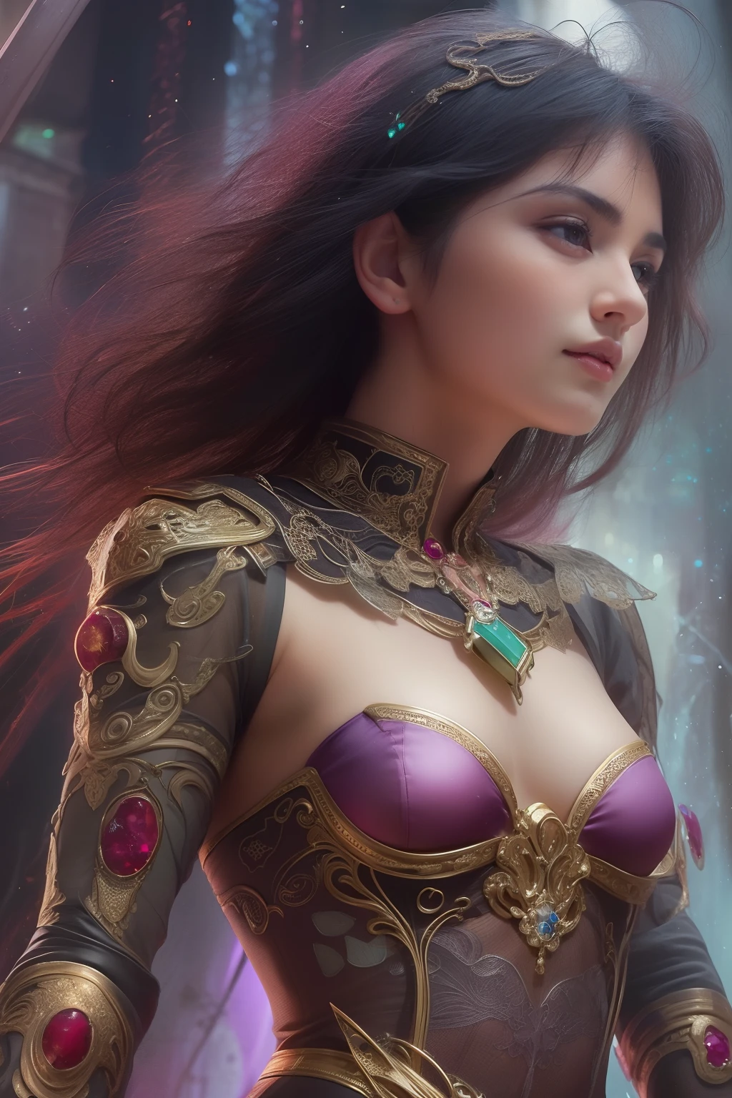 (Detailed iridescent bodysuit with beautiful fractal or marble design:1.5), (Beautiful and d delicate ruby, topaz, emerald and sapphire jewelry:1.6), Complex and colorful biomechanical bodysuit, Zentangle, mandalas, Entangled, Vulgarity, beutiful breast, (Open legs:1.4), obscenity, (Lewd smile:1.2), coarse, Obscene, mean, (raunchy:1.2), (Immoral:1.2), Lachish, (small breasts with raised areolas,:1.6), (Cameltoe), (Expression of ecstasy:1.2), Photorealistic, Official art, Unity 8k wallpapr, 8K Portrait, Best Quality, Very high resolution, (Incredibly beautiful nature background:1.6), One girl, One beautiful teenage italian girl, (:1.3), (Sexy and glamorous:1.1), (A coquettish expression:1.6), (seductively smiling:1.2), (Full body), (erotic posing:1.5), (Magic Attack Pose:1.6),(magical effects like sparkles or energy:1.5), (Electric shock from hands:1.1), Beautiful seductive face, Portrait, (Thick eyebrows:1.2), (Big purple eyes:1.2), Beautiful eyes with fine symmetry, (Ultra detailed eyes:1.4), (High resolution eyes:1.1), Intimate face, (ultra detailed skin texture:1.4), White skin, pale skin, Perfect Anatomy, Thin, (Beautiful toned body:1.1), Hair Bow, (Moist skin:1.1), full of sweat, No makeup, dark circles, Good anatomy, Focus Face, good-looking, (Emilia Clark:0.6) (Emma watson:0.3),(Jennifer Connelly:0.4), (sensual face:1.5), Elegant face, Nice, Dolce, Cyberpunk Sci-Fi, (Gauntlets with intricate and beautiful designs:1.2), Blurred background, Blurred foreground, depth of fields, (Motion Blur:1.1), (Small breasts:1.2), Sheer breast, (beautiful boob:1.2), (NSFW:1.2), large hips, drivel, Juice stain, grabbing on breasts, (Slim and toned body:1.5), (four fingers a thumb:1.2) , Good numbers, (Low-cut punk medieval armor:1.2), (Bright chrome gold lingerie with sharp reflections:1.2) (Pedras preciosas:1.2)