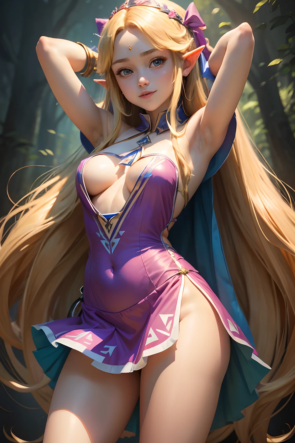 masterpiece,best quality,zelda\(princess\), 1girl, solo, (ager_girl), long_hair, armpit, no_panties, big_legs, no_bra, shorts_dress,big_hips, ribbon_hair, open_navel, horney_smile.