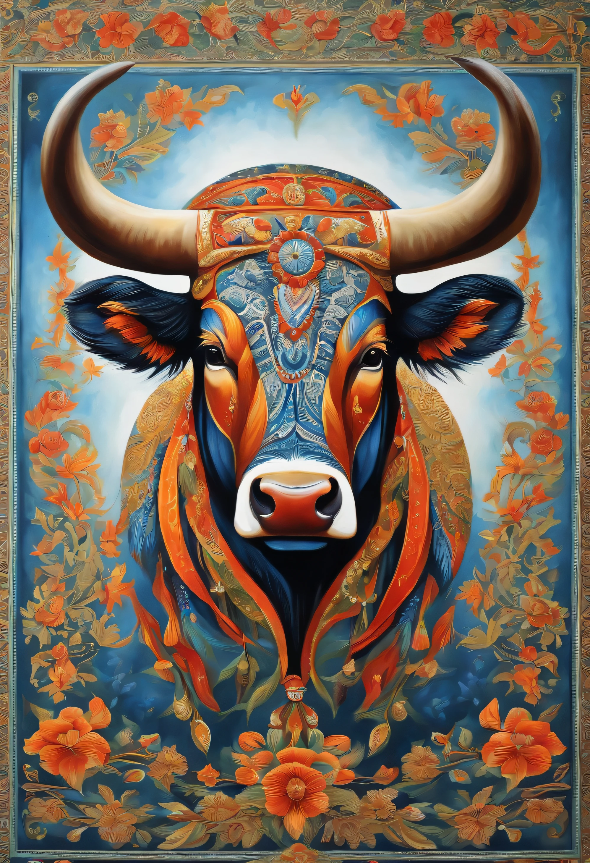 Bull Spirit, Painting in the national style, National Tide, whitebackground