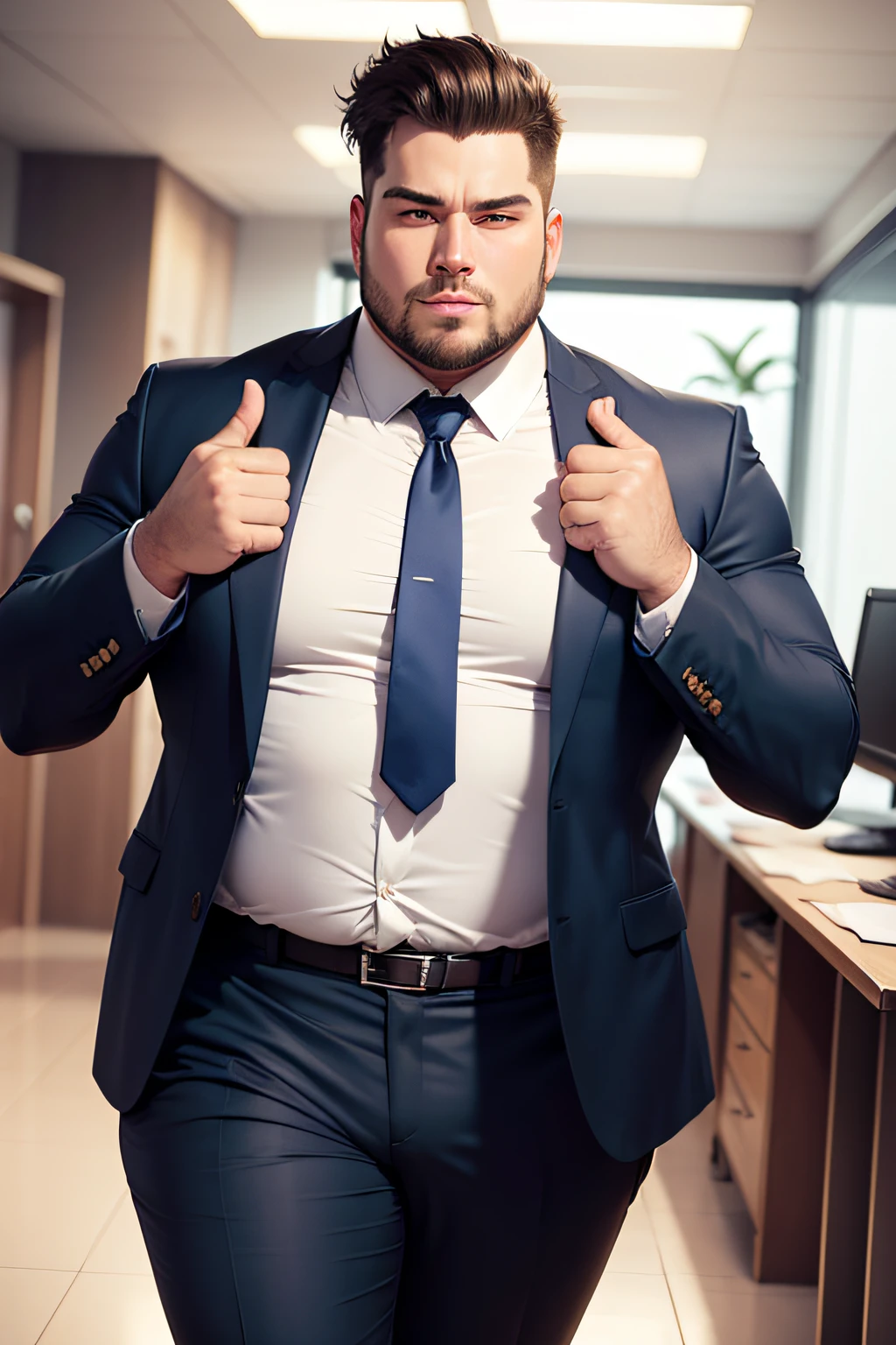 Office suit man doing work in office and showing hairy chest wetty bulge indian perfect wetty big hairy monster erected bulge in pant, masterpiece, seductive 