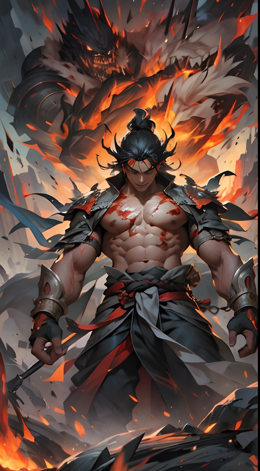 Li Gu bravely faces the self-destruct challenge of the giant evil spirit, his body severely scorched, but he is still alive. There is a look of determination and pain on his face, surrounded by a heroic aura, , 32k, best quality, masterpiece, super detail, high details,