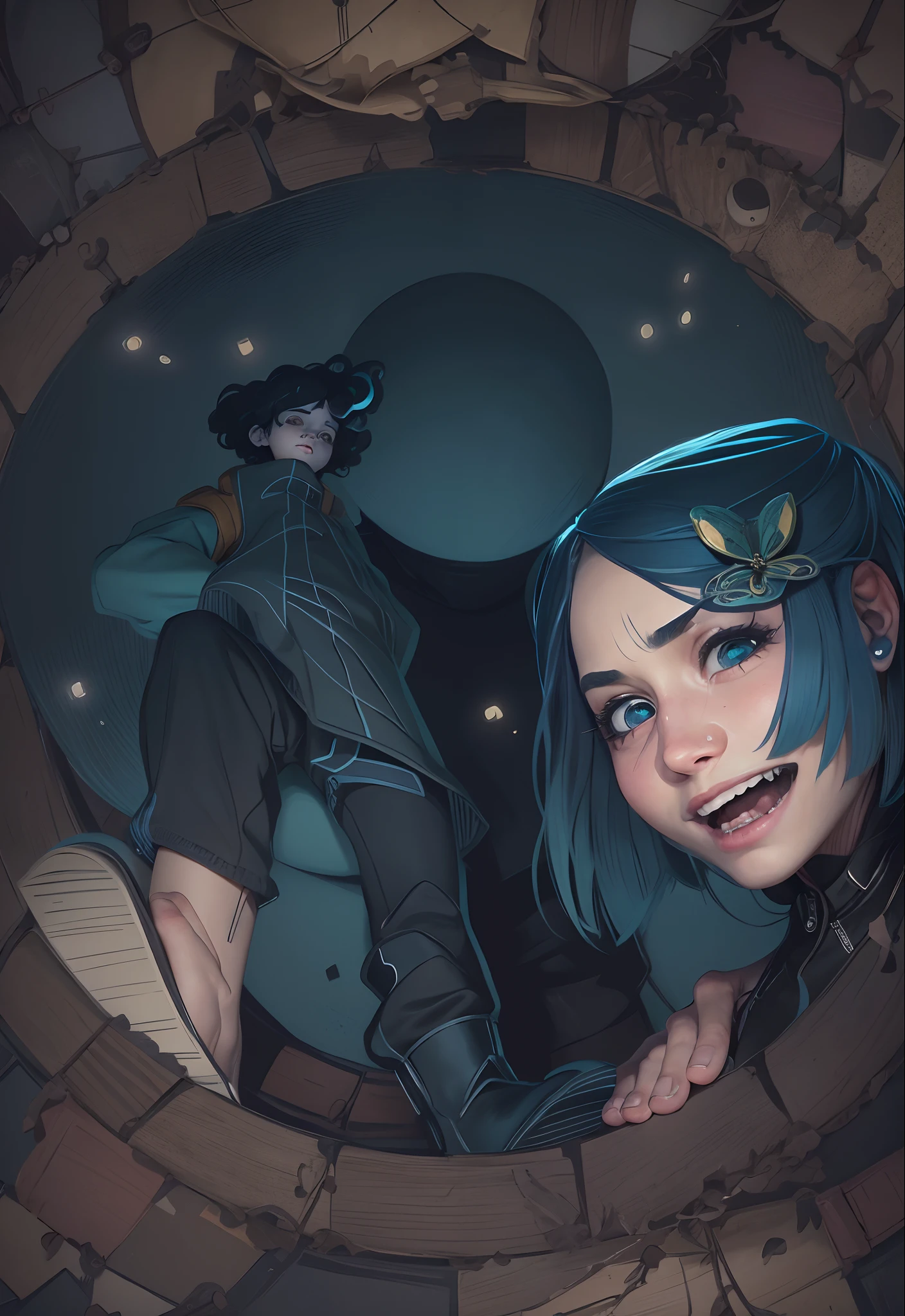 Poster no estilo do filme e do livro Coraline: uma garota de cabelo curto ao lado de Wybie; um de cabelo preto, Wybie fica ao lado de Coraline . Coraline e Wybie olhos para baixo, the angle of the image should be seen from below to your feet