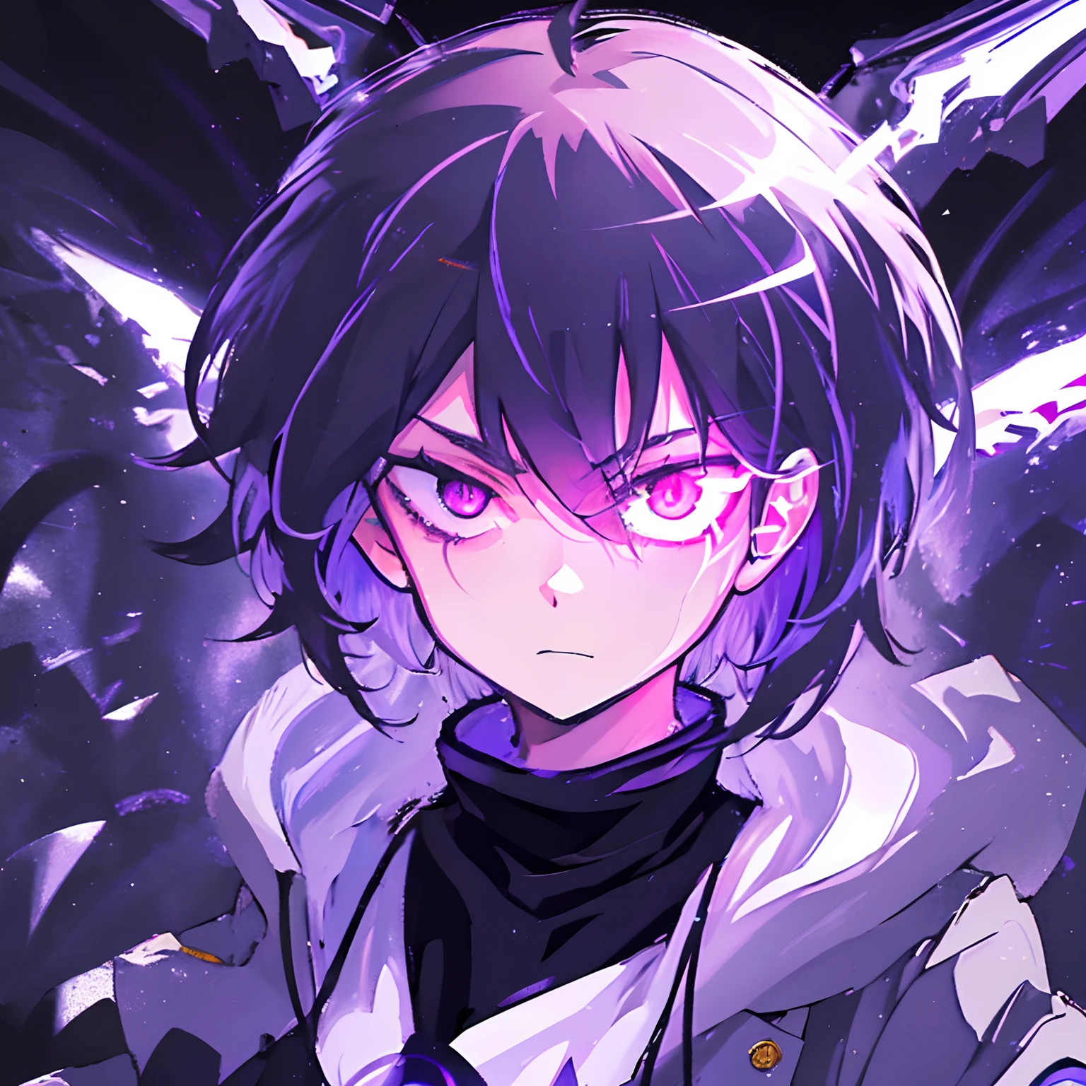 realistic, cinematic light, horror, highest quality, ultra-detailed, best quality, masterpiece, (detailed face) solo, glowing eyes, Black sclera, purple energy, Dark purple aura