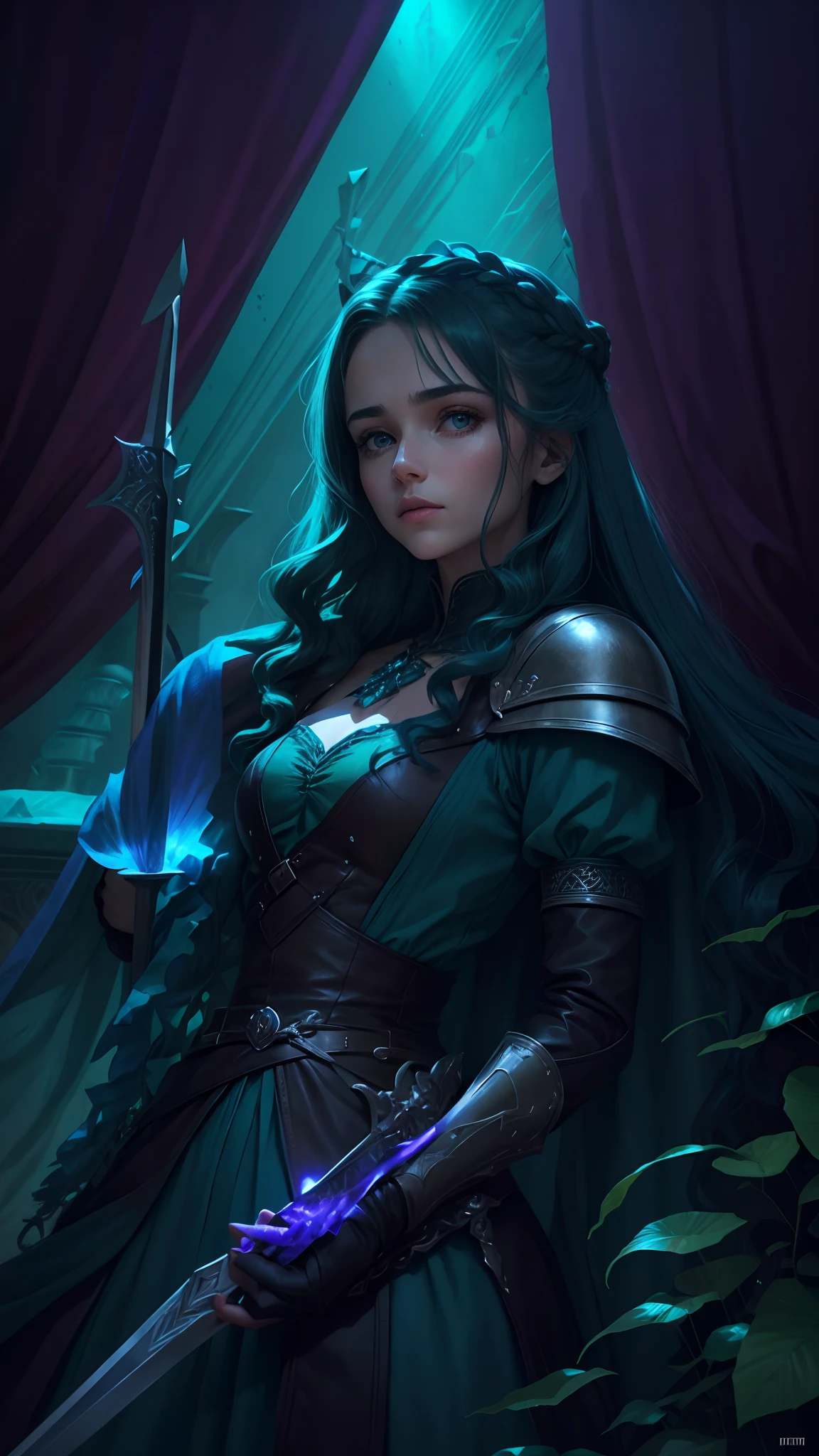 Pôster estilo Game of Thrones: um guerreiro de cabelos roxo/lilac holding a sword, She has her back to the viewer holding the sword, a mulher tem uma tatuagem de uma serpente nas costas e usa um vestido de couro preto, room full of crystals and water everything has a shade of green and blue, cristais de gelo por toda parte verde e azul