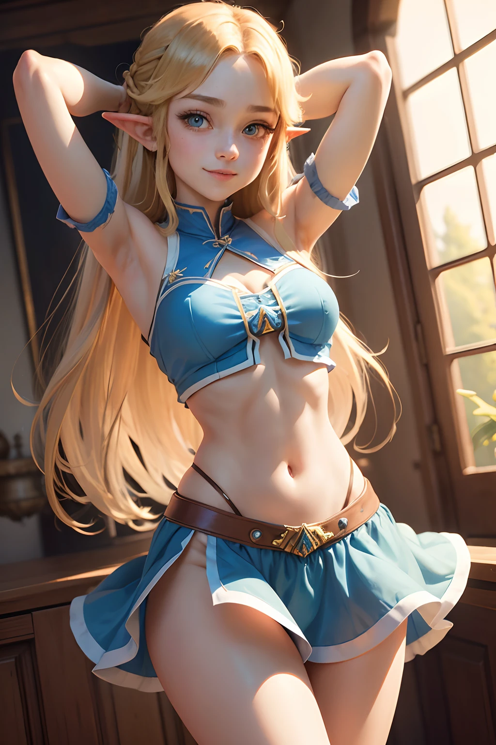 masterpiece,best quality,zelda\(princess\), 1girl, solo, (teenager_girl), long_hair, armpit, no_panties, big_legs, no_bra, shorts_dress,big_hips, ribbon_hair, open_navel, little_smile, sex_face.