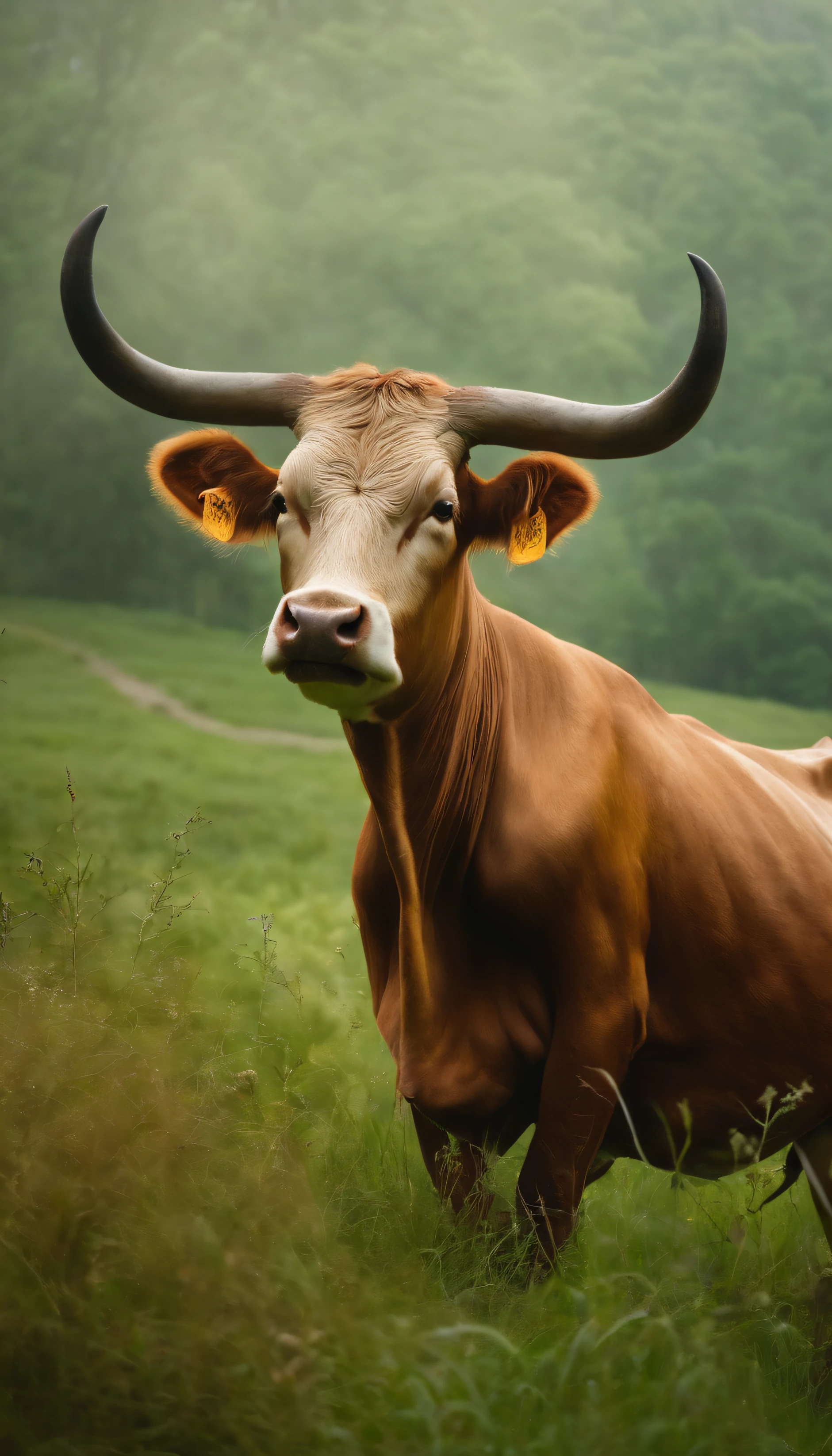 Cows in the zodiac,Horns patterned,He has the aura of the Holy Spirit on his body,Surrounded by a magical fog,On the green grass,Strong,standing tall,Myth,Fantasy,Very mysterious。Meadows in Wonderland,There are many fairy-tale palaces here