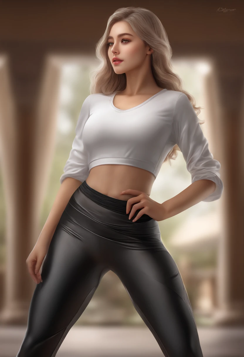 (hyperrealistic), (illustration), (high resolution), (8K), (extremely detailed), (best illustration), (beautiful detailed eyes), (best quality), (ultra-detailed), (masterpiece), (wallpaper), (detailed face), solo 1 girl, white wavy hair, korean, heterochromic eyes, small moles under the eyes, loose white shirt, yoga pants, big breasts, long legs, tight abs, camel toes, dynamic pose