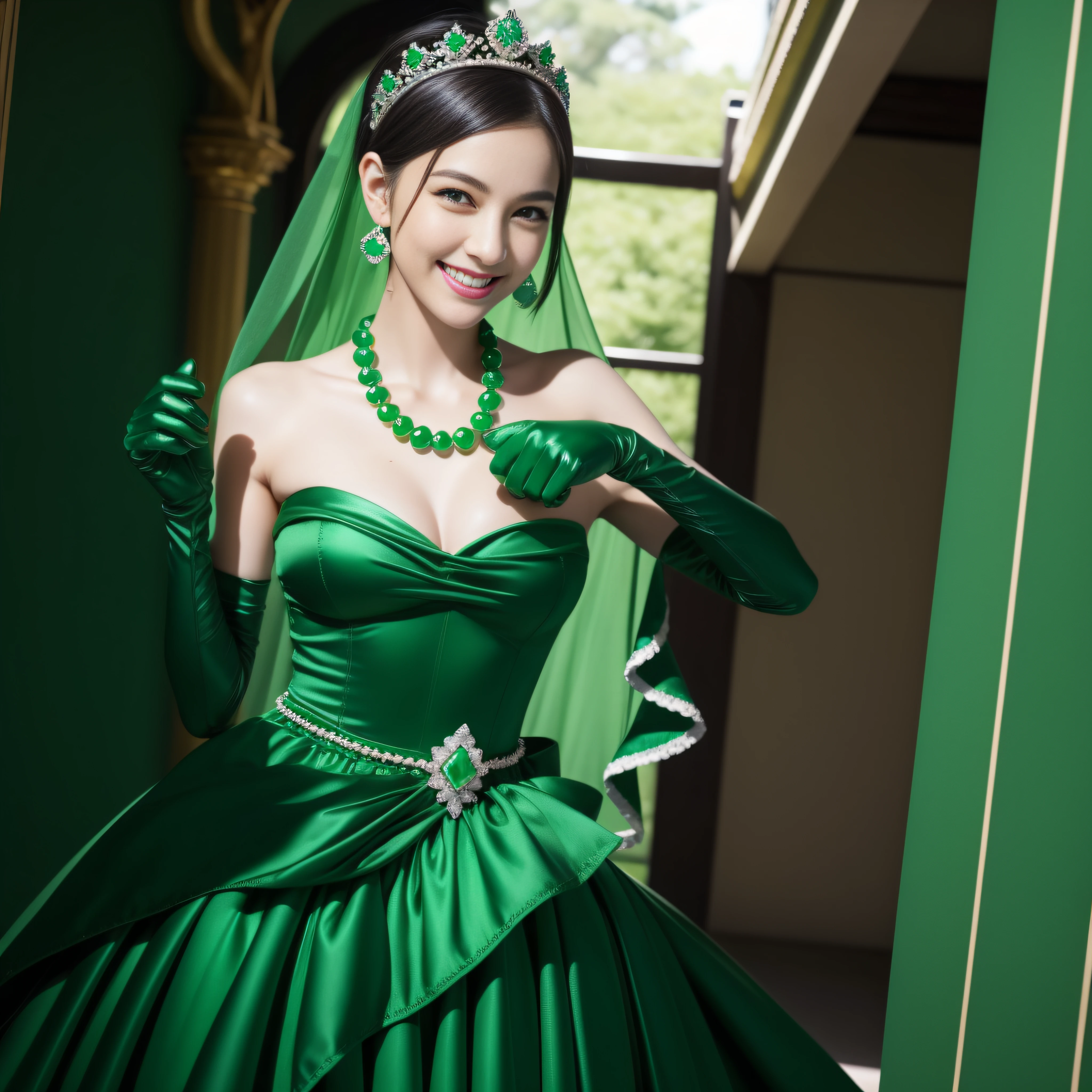 emerald tiara, Green Pearl Necklace, Boyish very short green hair, lipsticks, Japan woman smiling, very short short hair, fist, big breasts beautiful, Green eyes, Long green gloves made of satin material, Green eyes, Emerald Earrings