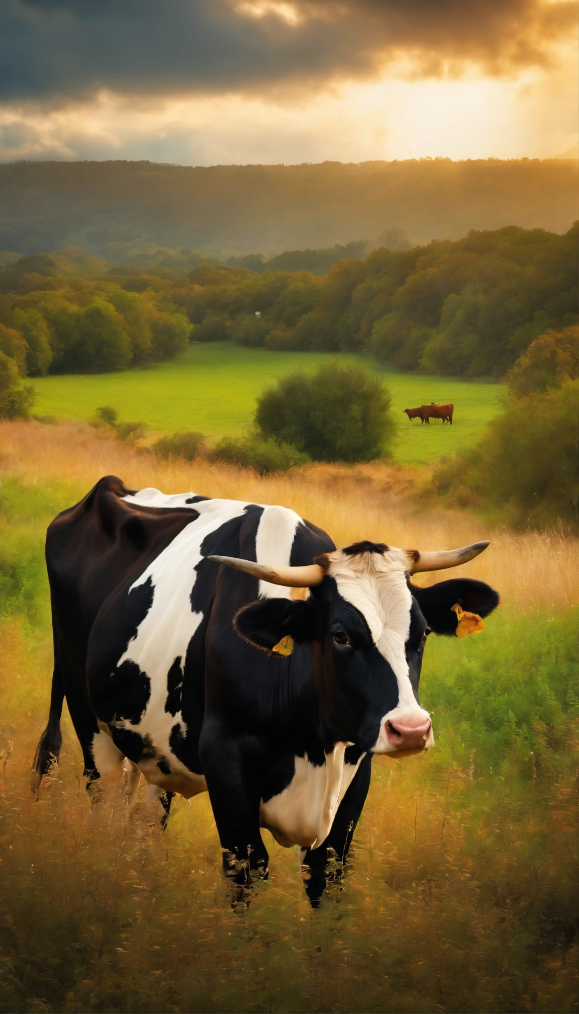 a painterly style painting, large brush strokes, a cow in a field, close up , facing the camera.