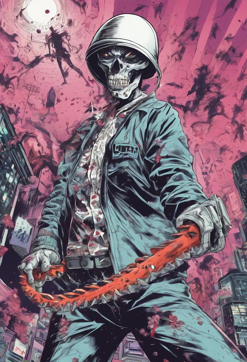 An Anime masterpiece mad person Holding a Chainsaw, Horror, Blood, Blood sparks, psycho face, perfect body, HD, In a City fighting humanoid fruit zombies, cinematic, at night
